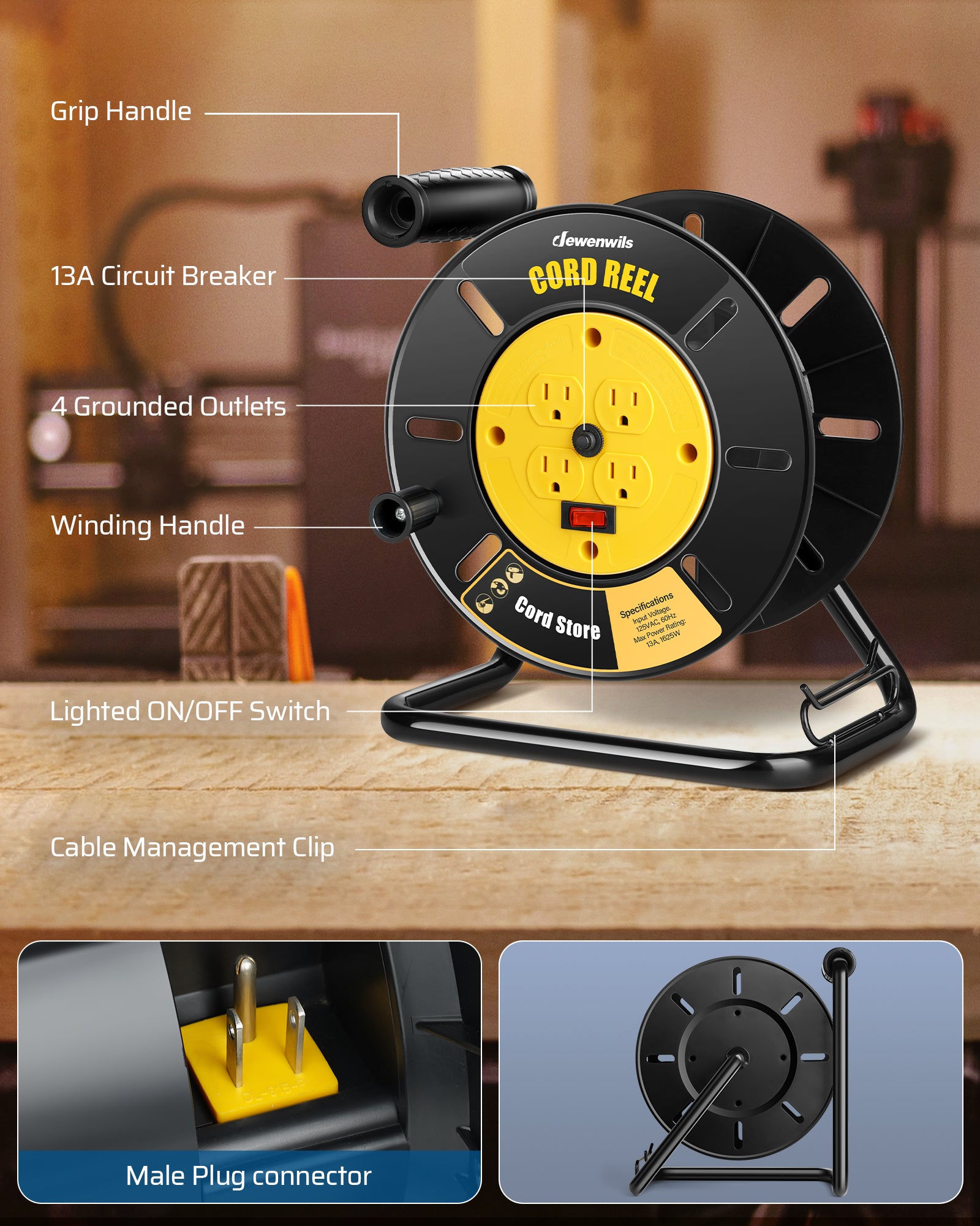 Extension Cord Storage Reel: Features a grip handle, 13A circuit breaker, 4 grounded outlets, lighted ON/OFF switch, cable management clip, and winding handle.