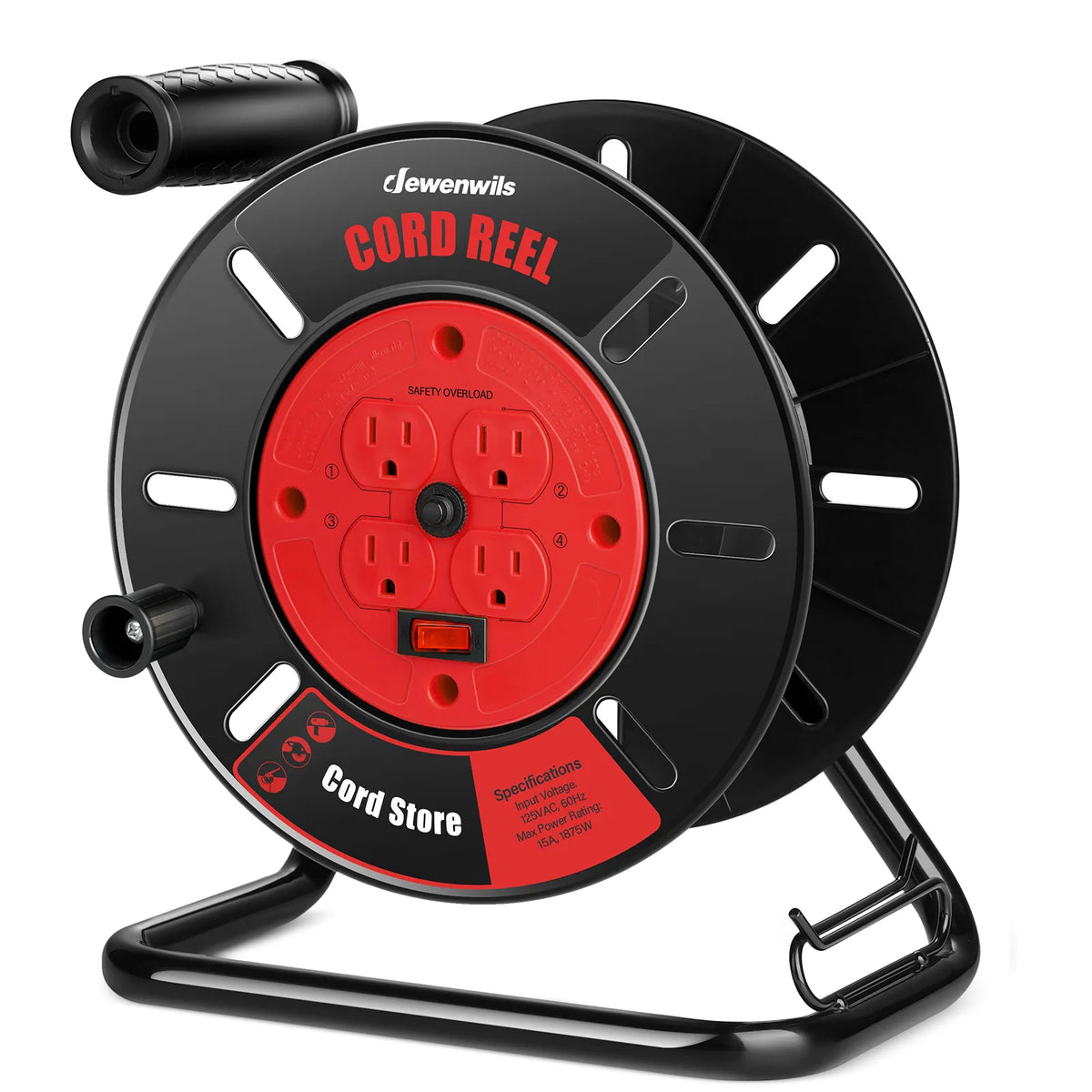 DEWENWILS Extension Cord Storage Reel with 4-Grounded Outlets, Heavy Duty Open Cord Reel for 12/3,14/3,16/3 Gauge Power Cord, Hand Wind Retractable, 15A Circuit Breaker, Rocker Power Switch-HCRB00F