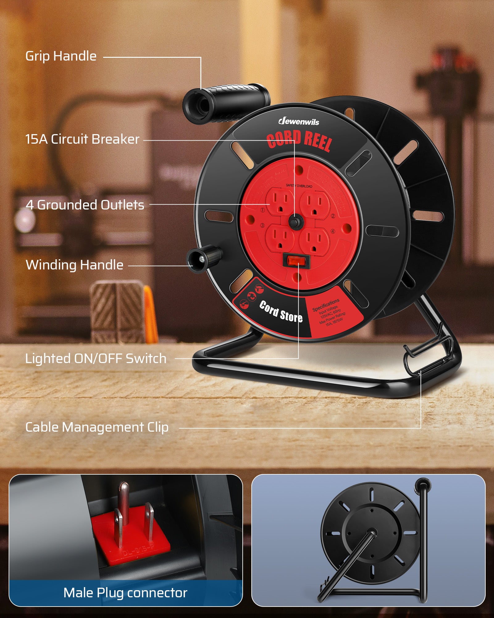 Extension Cord Storage Reel: Features 4 grounded outlets, 15A circuit breaker, lighted power switch, grip handle, and winding handle for easy cable management.