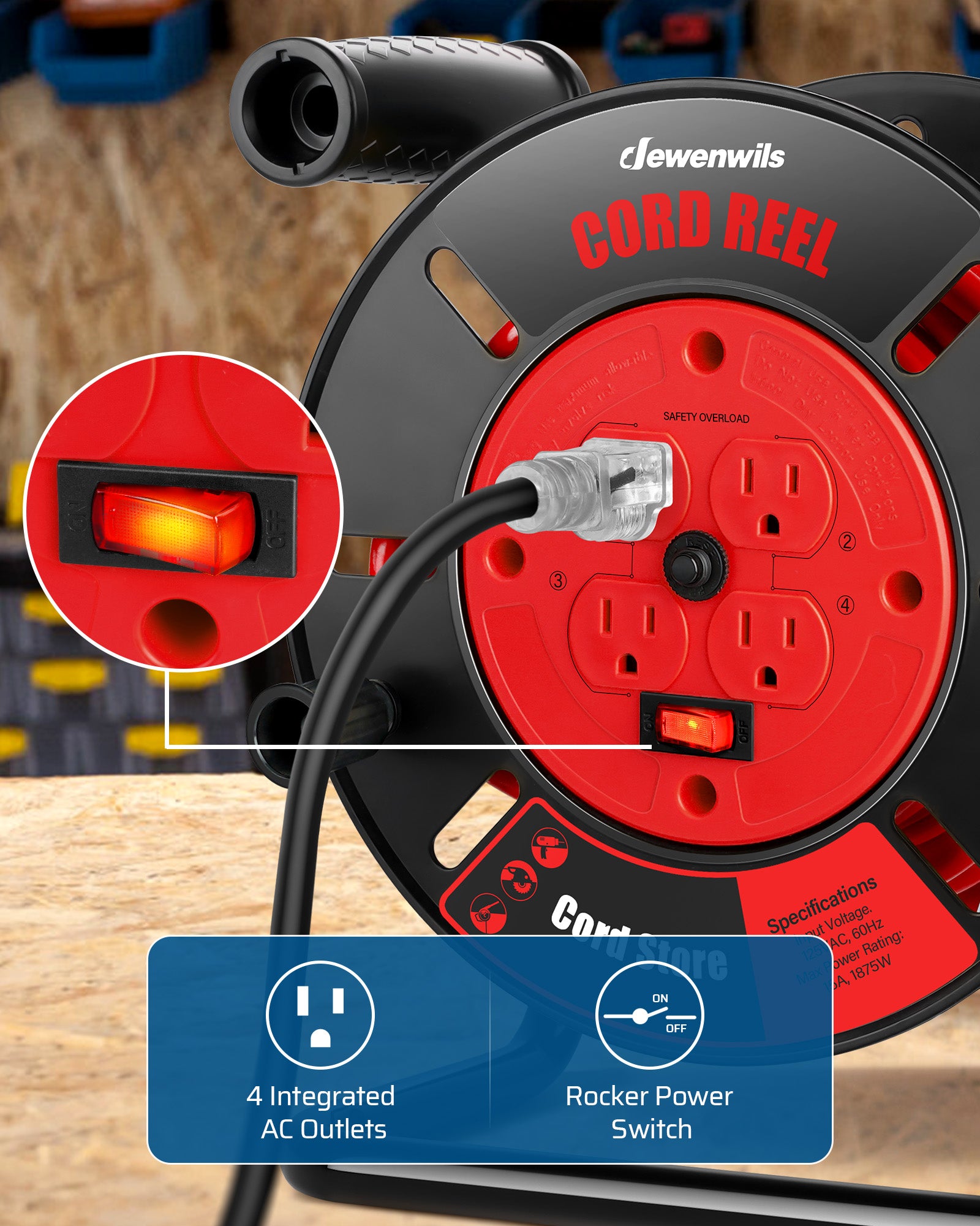 Extension Cord Storage Reel: Features 4 integrated AC outlets and a rocker power switch for convenient control and heavy-duty multi-device connectivity.