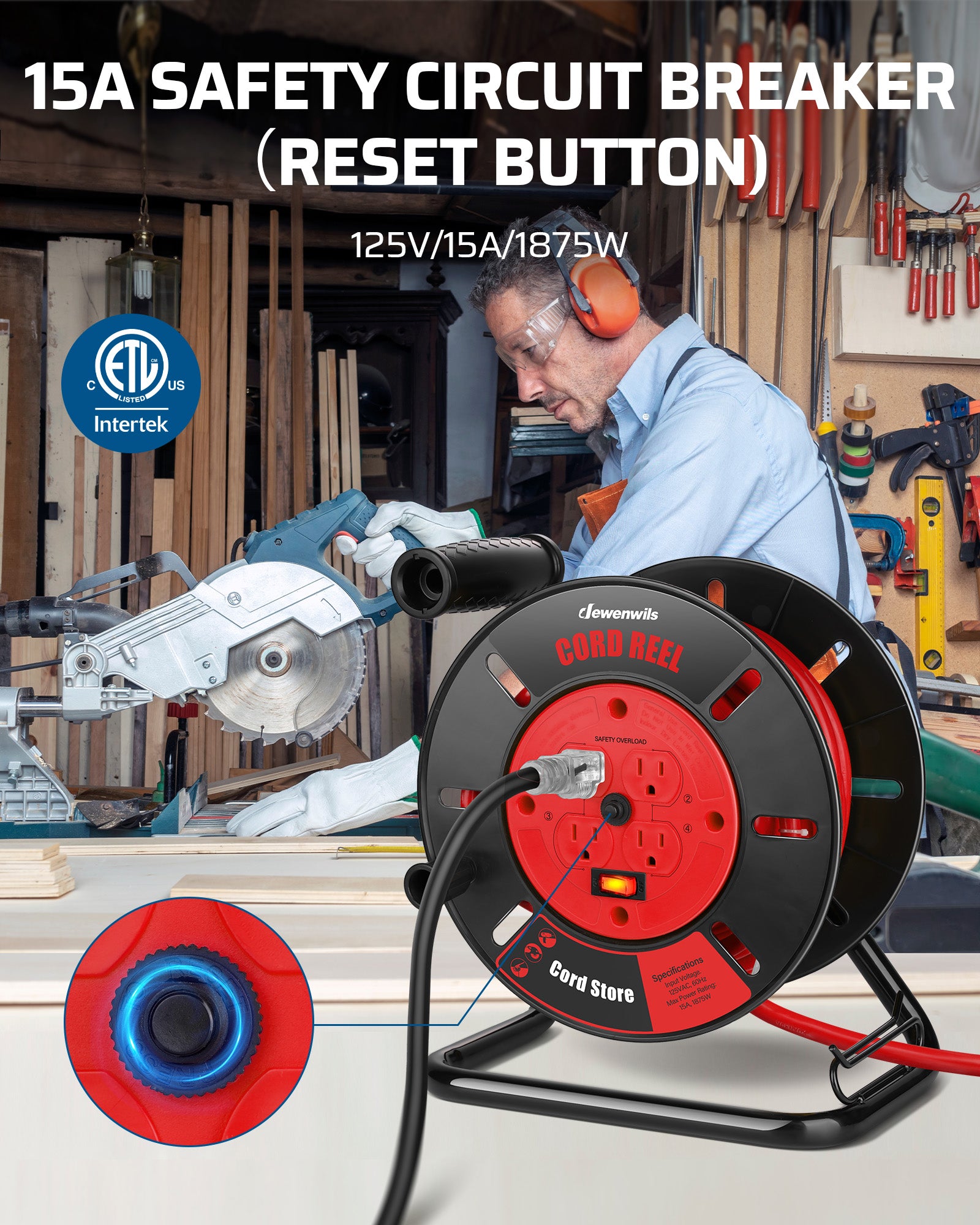 Extension Cord Storage Reel: Equipped with a 15A safety circuit breaker and reset button. Supports 125V/1875W for high-capacity power protection and safety.