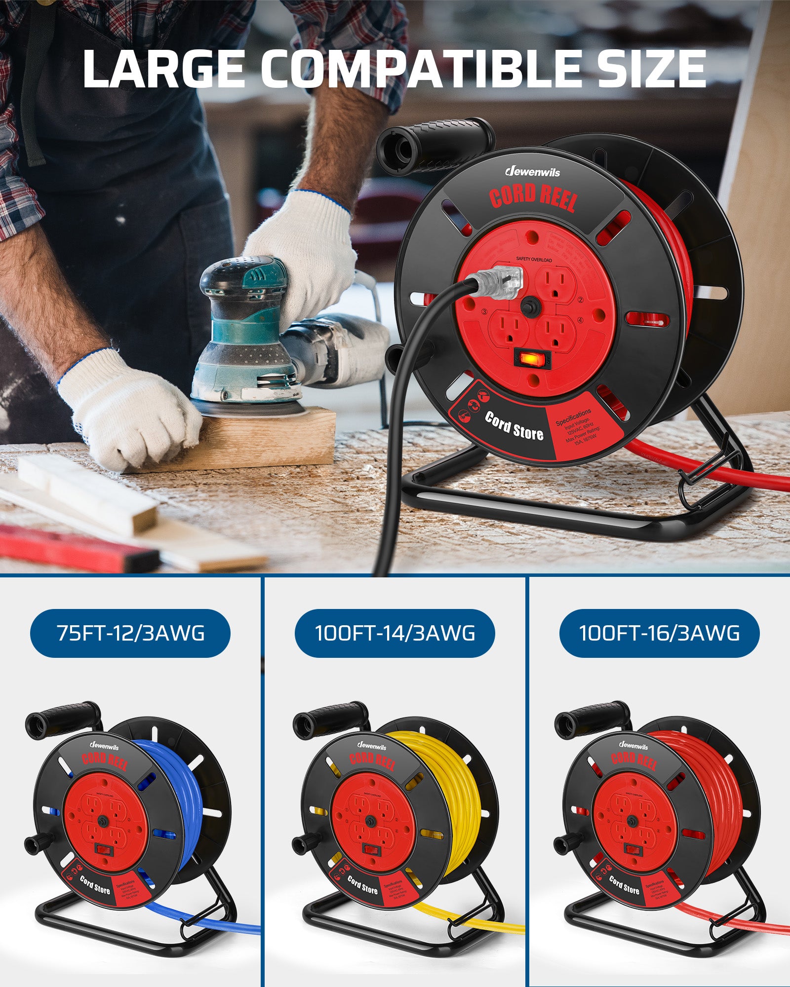 Extension Cord Storage Reel: Large capacity holds up to 75ft of 12/3AWG or 100ft of 14/3 and 16/3AWG cords. Versatile and heavy-duty for various cable sizes.