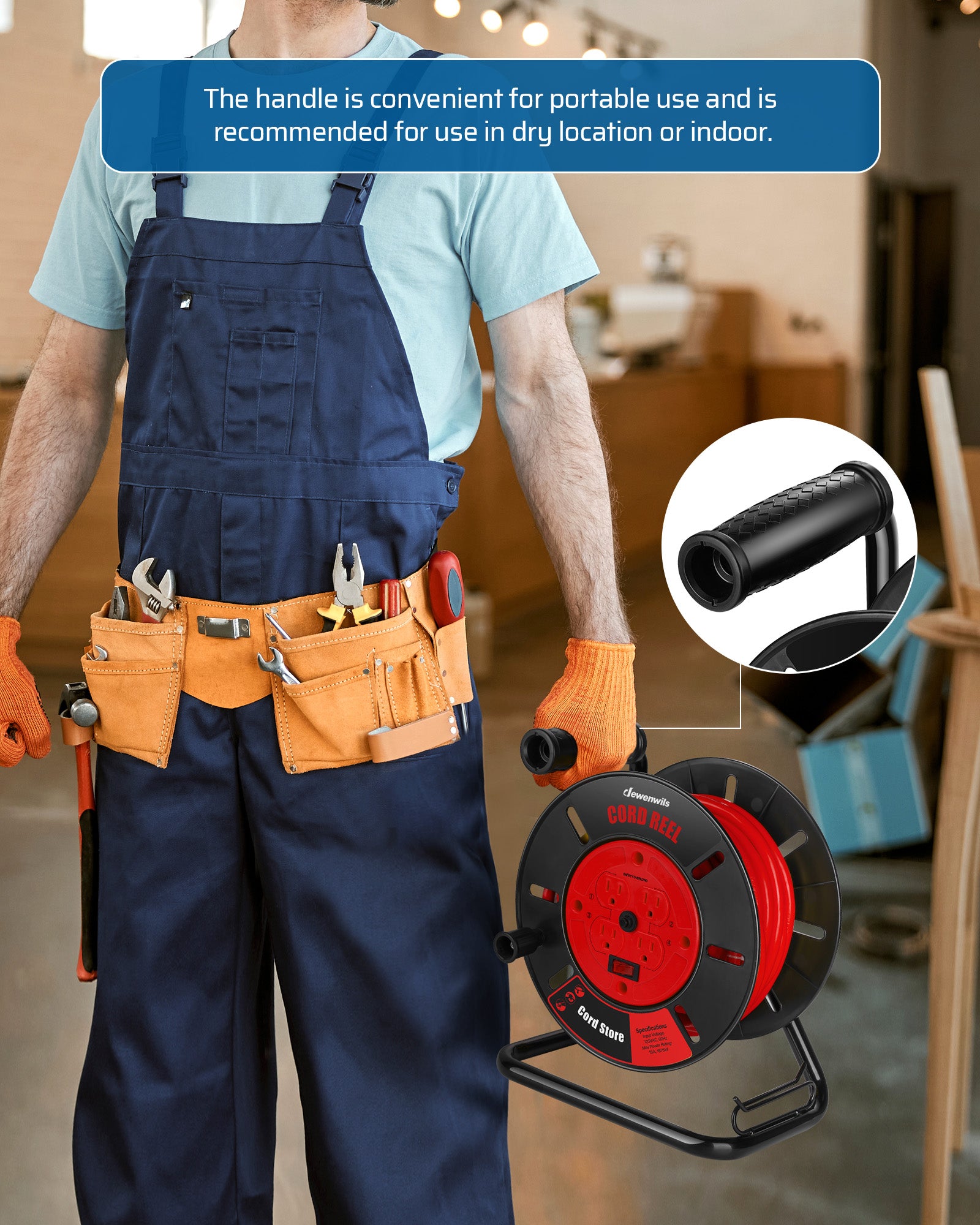 Extension Cord Storage Reel: Features a convenient grip handle for portable use. Recommended for dry locations or indoor environments to ensure safe operation.