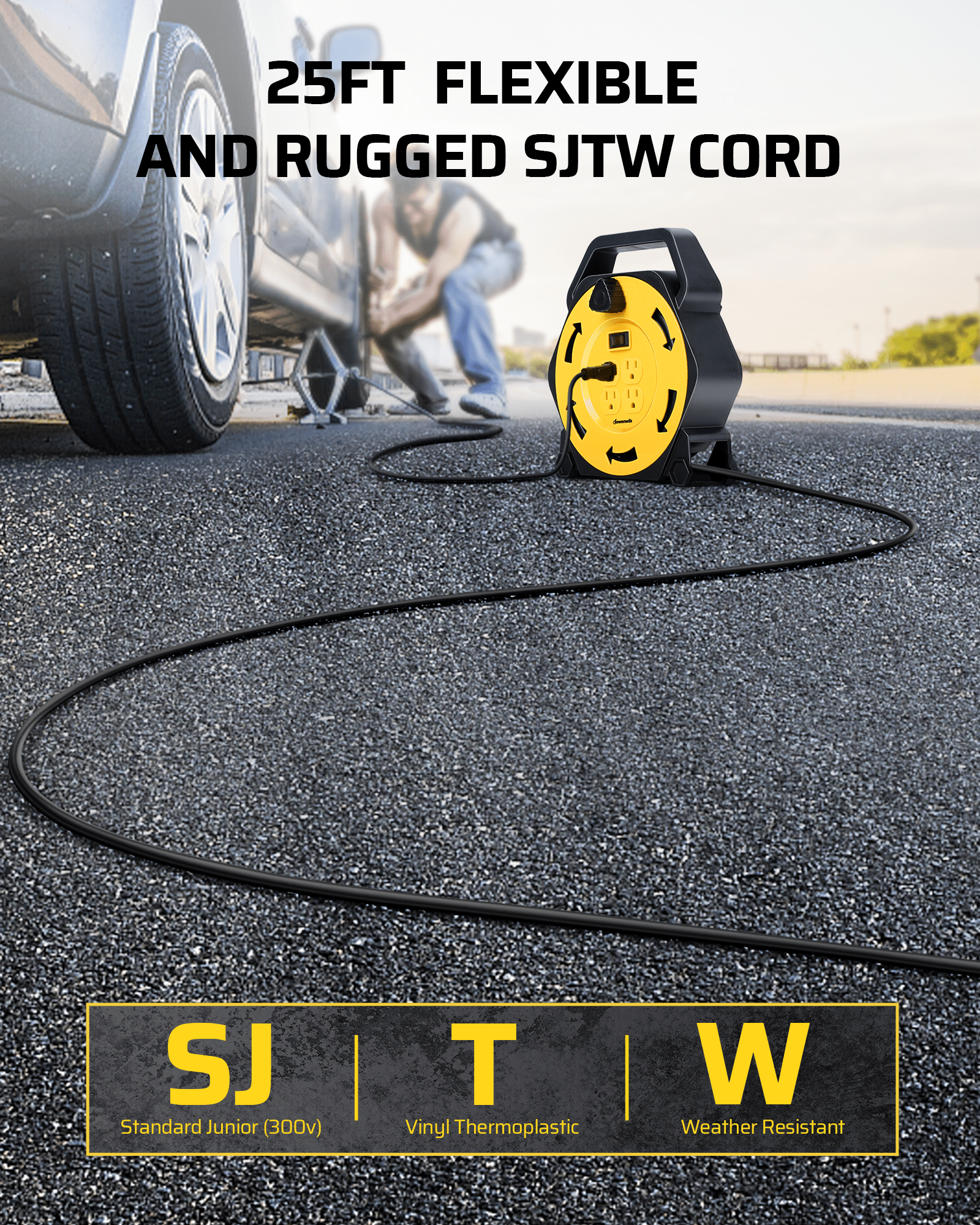25ft extension cord reel with flexible, rugged SJTW junior 300V cord, standard-rated and weather-resistant for durable indoor and outdoor power use.
