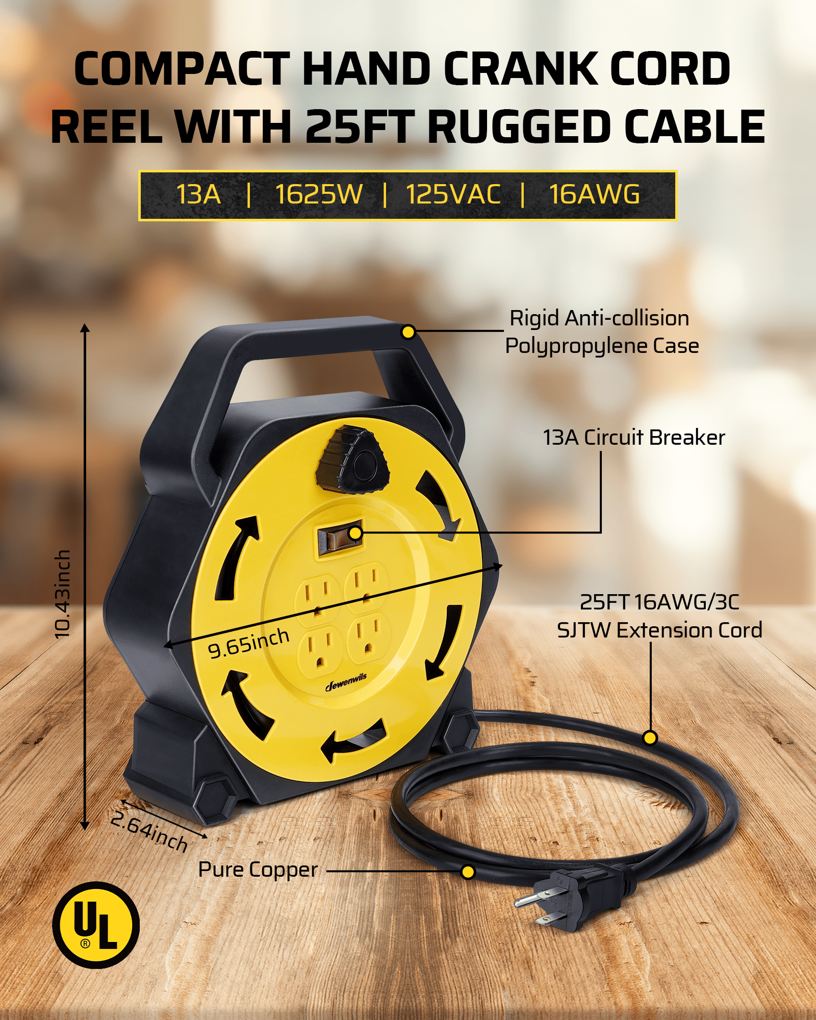 25ft extension cord reel with compact hand crank design, rugged 16AWG SJTW pure copper cable, 13A circuit breaker, and rigid anti-collision polypropylene case for safe, durable power use.