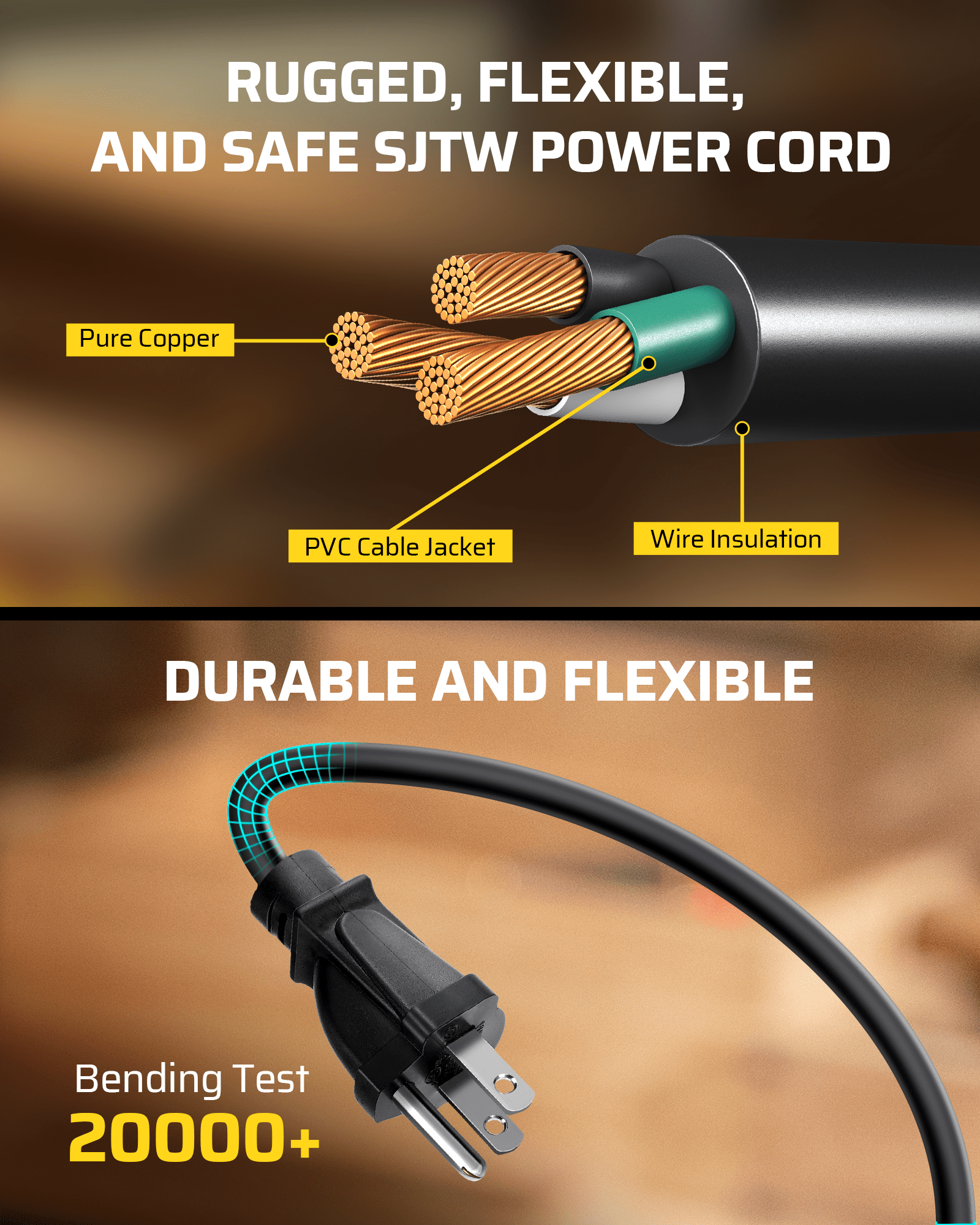 25ft extension cord reel with rugged, flexible SJTW power cord, pure copper wiring, PVC jacket, insulated conductors, and durability tested over 20,000 bends.