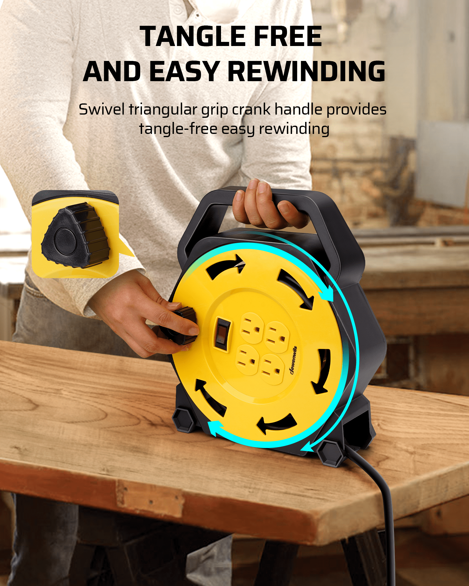 25ft extension cord reel with tangle-free, easy rewinding design and swivel triangular grip crank handle for smooth, controlled cord storage.