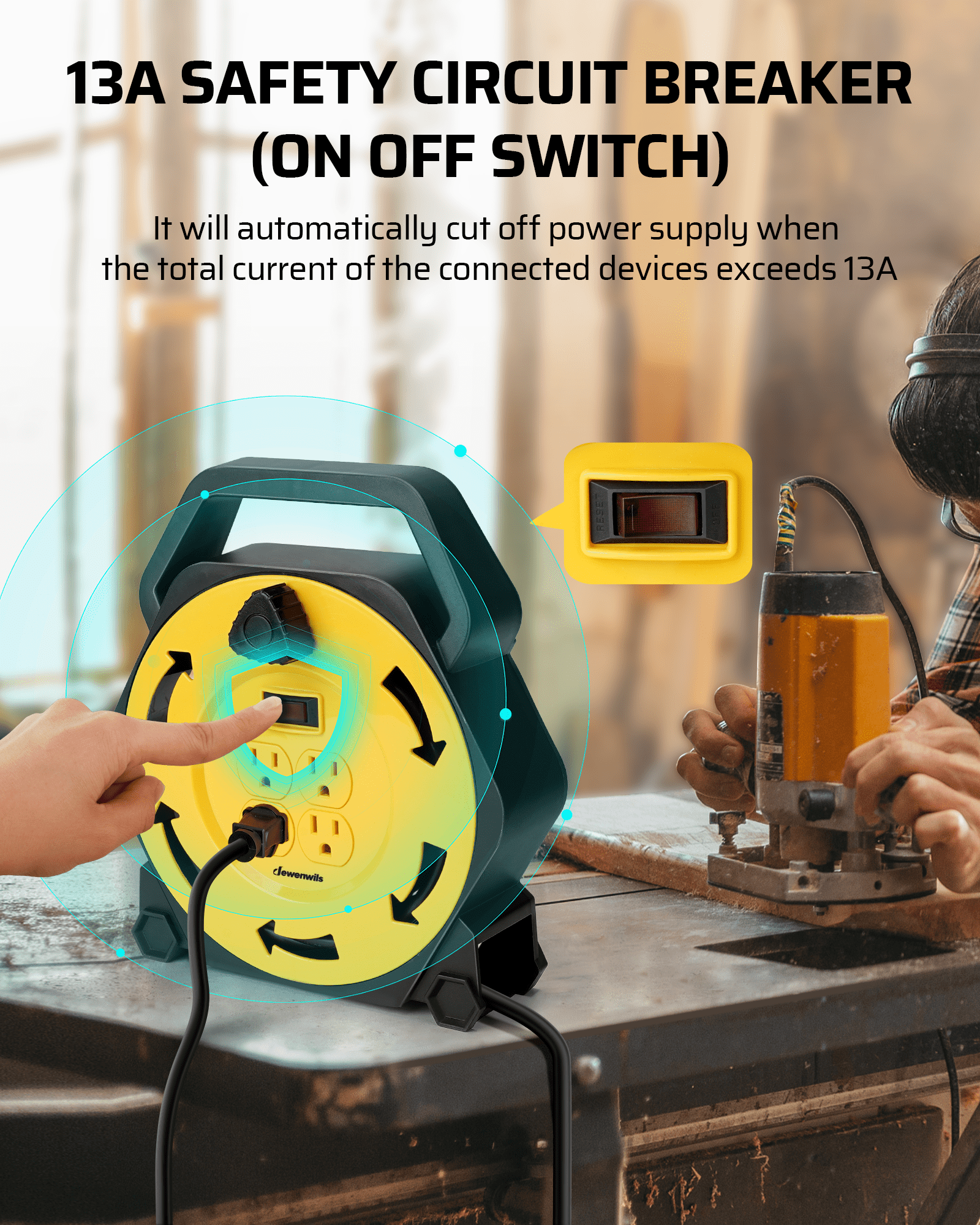 25ft extension cord reel with 13A safety circuit breaker and on/off switch that automatically cuts power when total load exceeds 13A.