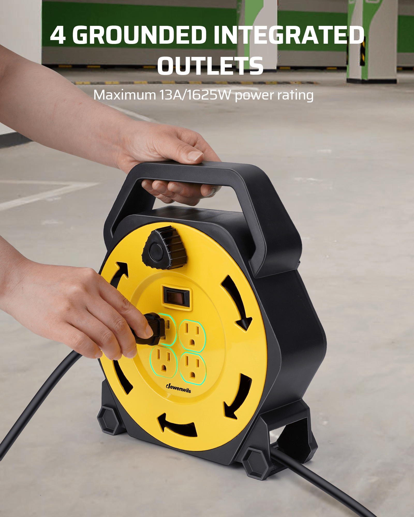 25ft extension cord reel with 4 grounded integrated outlets, rated up to 13A and 1625W for safe, reliable multi-device power use.