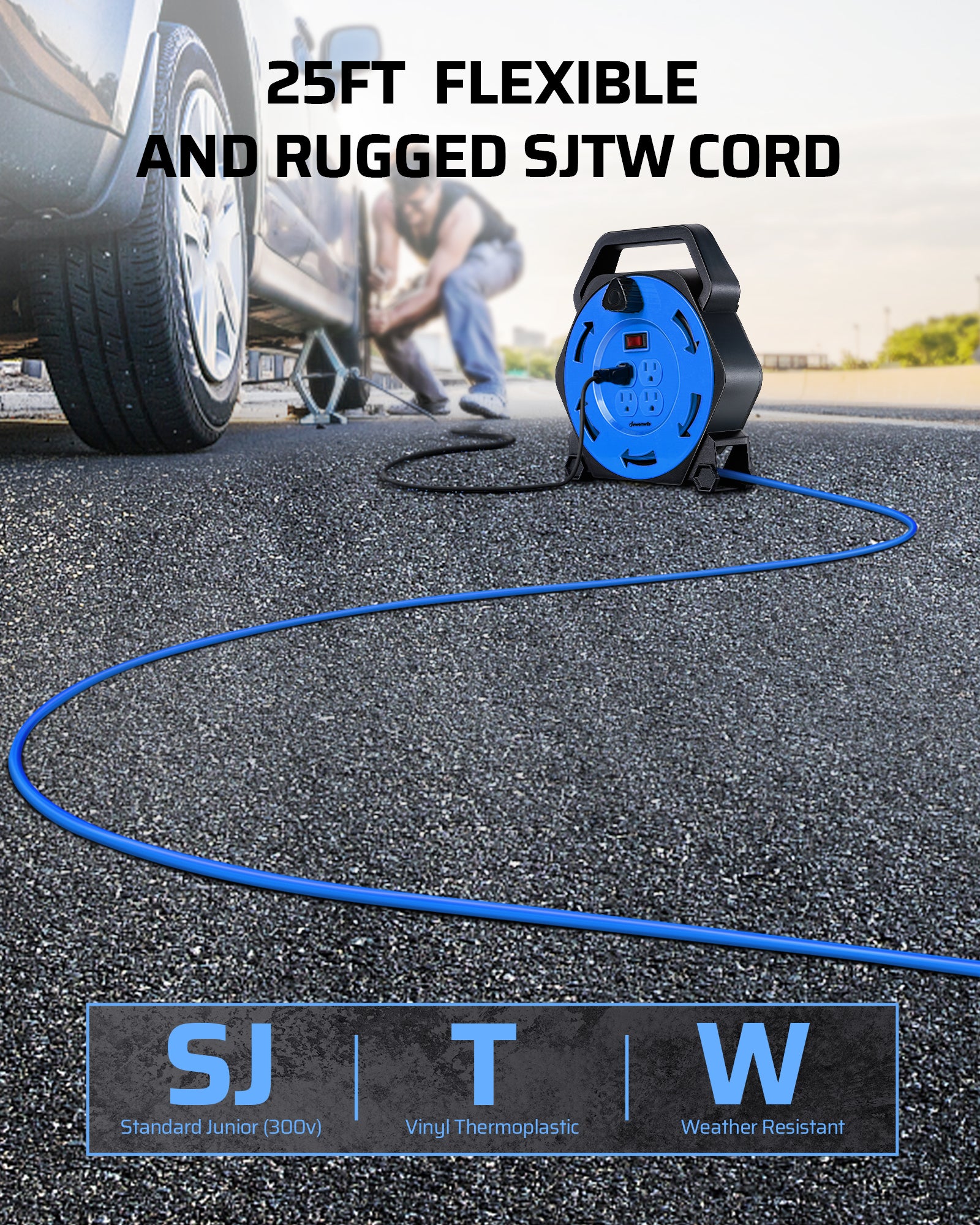 DEWENWILS 25FT Cord Reel: Features a flexible and rugged SJTW cord designed for durability and easy handling in both home and workshop environments.