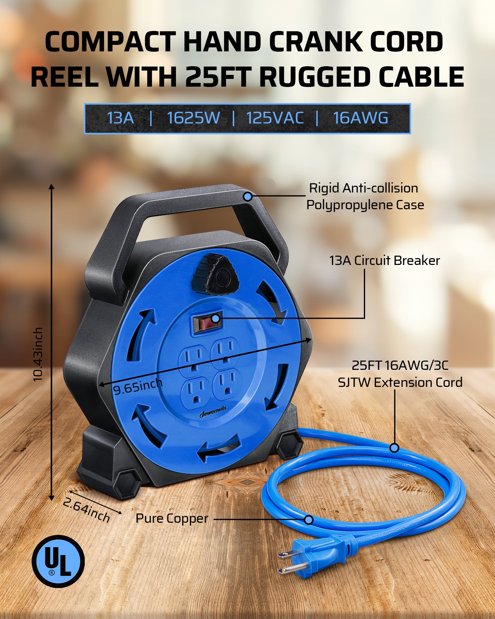 25ft Extension Cord Reel: Compact hand-crank design with 16AWG rugged cable. Supports 13A/1625W/125VAC for high-performance power in a portable size.