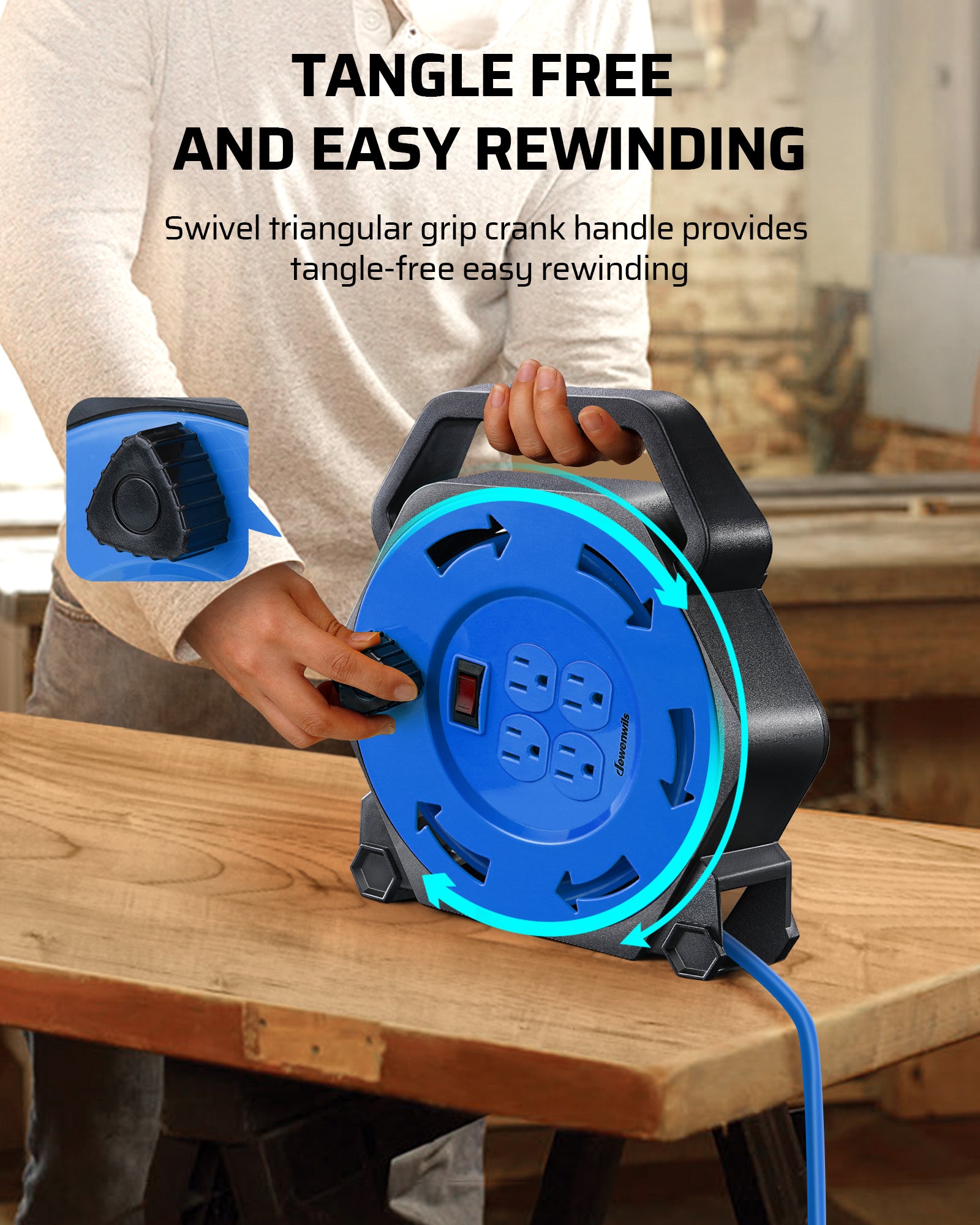 25ft Extension Cord Reel: Features a swivel triangular grip crank handle for tangle-free, easy rewinding and efficient storage of the rugged SJTW power cable.