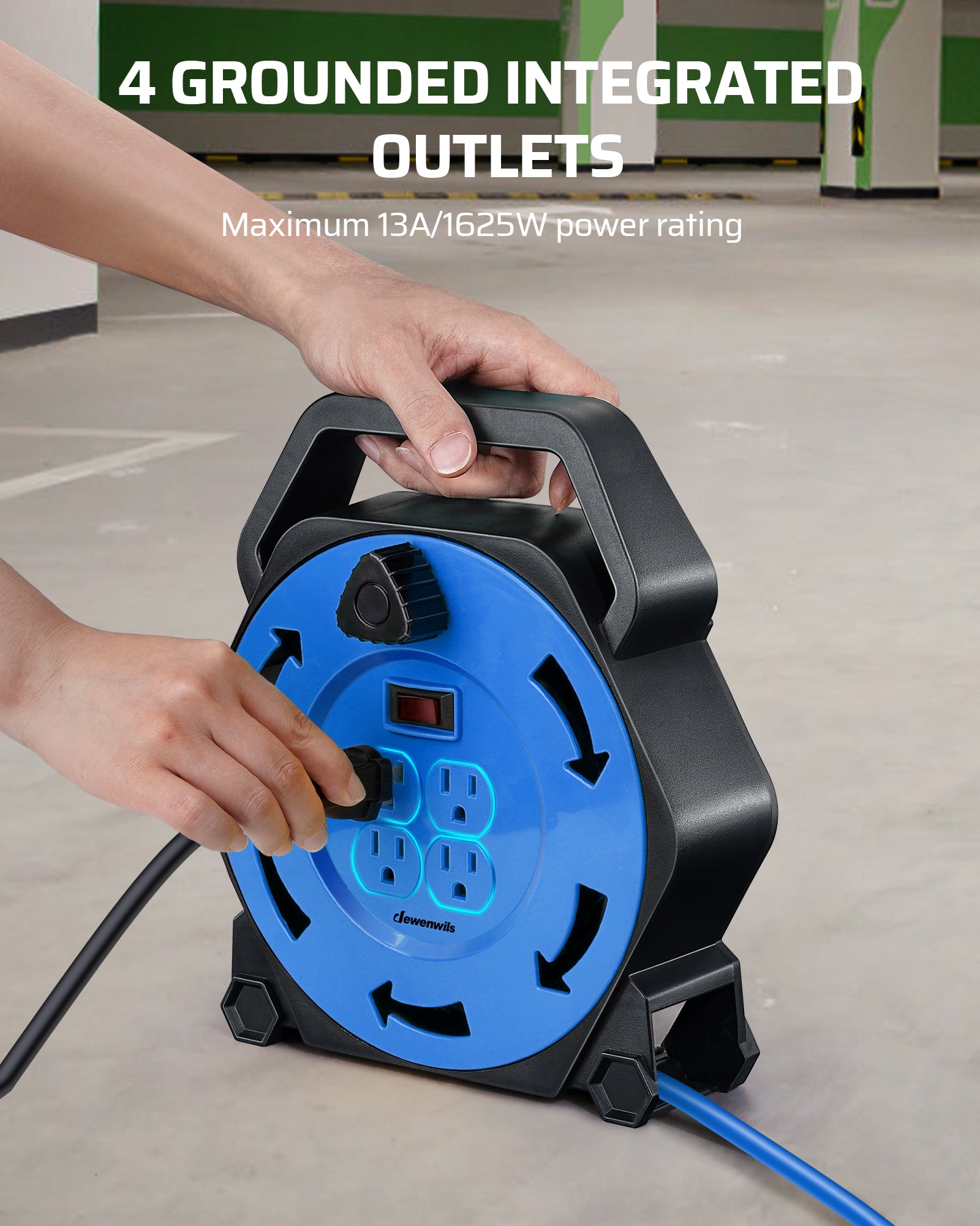 25ft Extension Cord Reel: Equipped with 4 integrated grounded outlets. Supports a maximum 13A/1625W power rating for versatile and safe device connectivity.