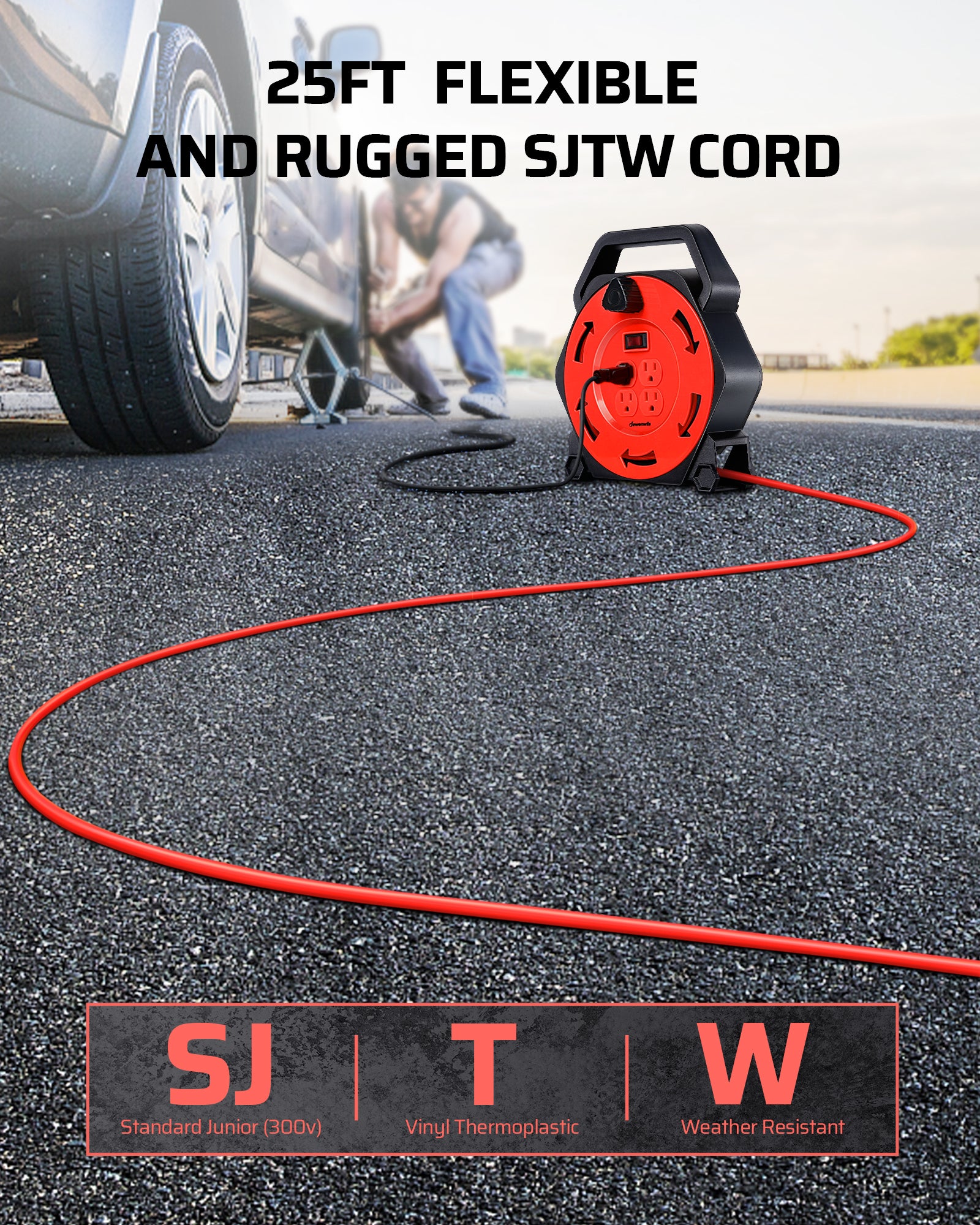 25ft Extension Cord Reel: Heavy-duty 16/3 SJTW cable features a weather-resistant vinyl thermoplastic jacket, ensuring durability in various outdoor conditions.