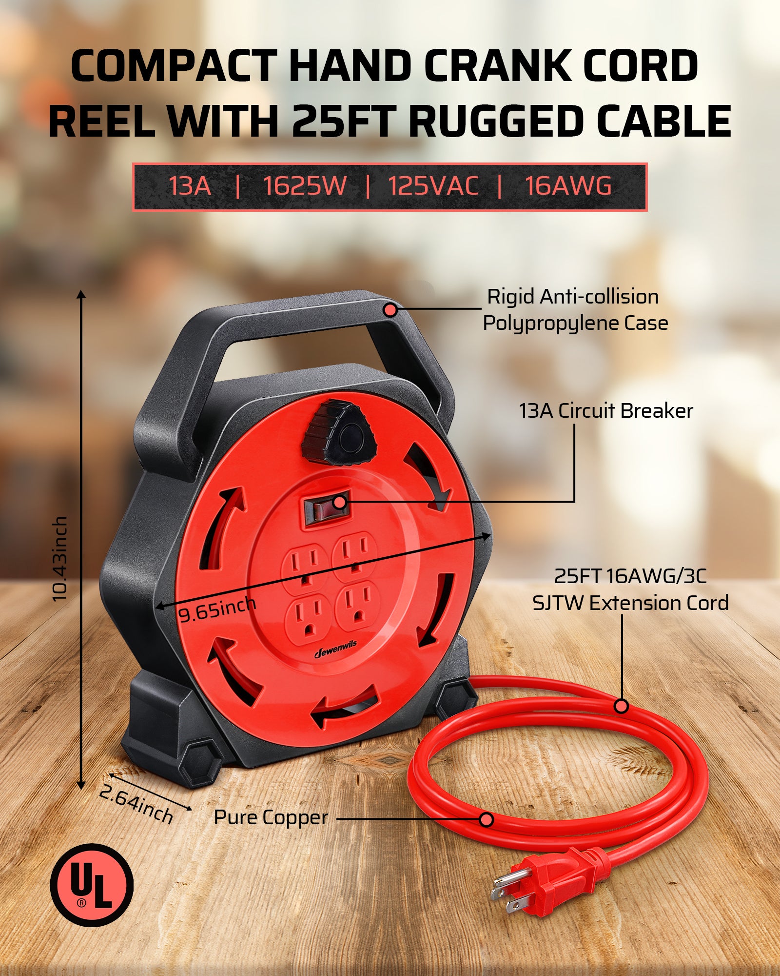 25ft Extension Cord Reel: Compact hand crank design with a 16AWG rugged cable. Rated for 13A/1625W/125VAC to provide reliable power for heavy-duty tasks.