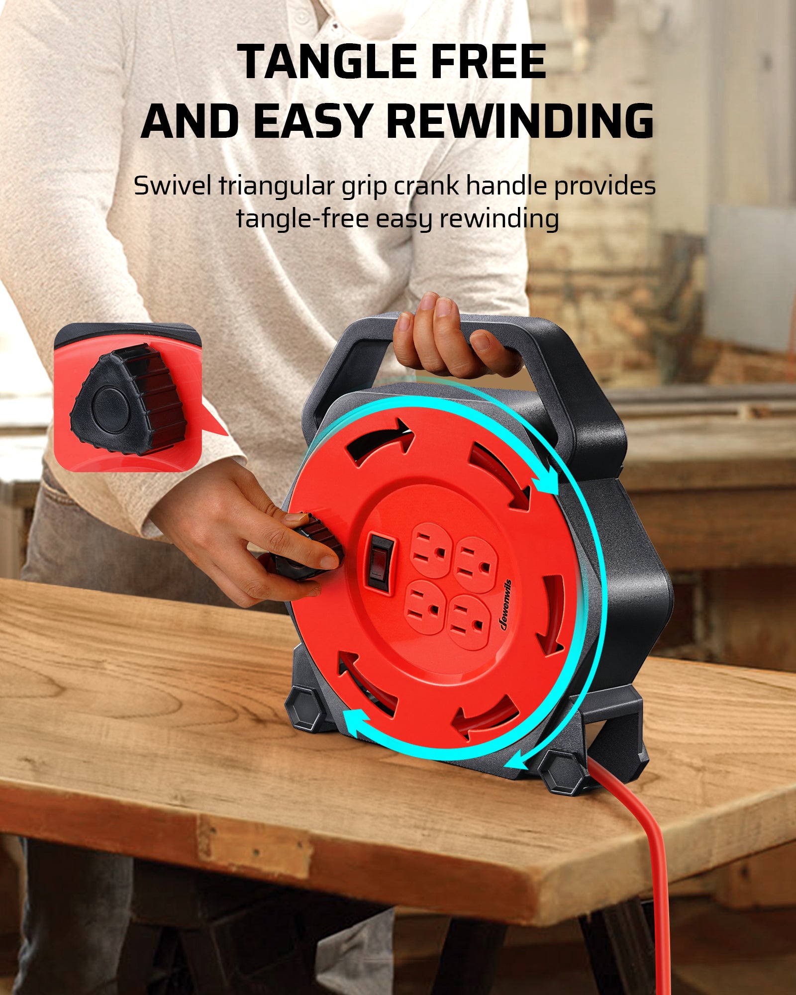25ft Extension Cord Reel: Features a swivel triangular grip crank handle for tangle-free, easy rewinding and smooth, organized cable management.