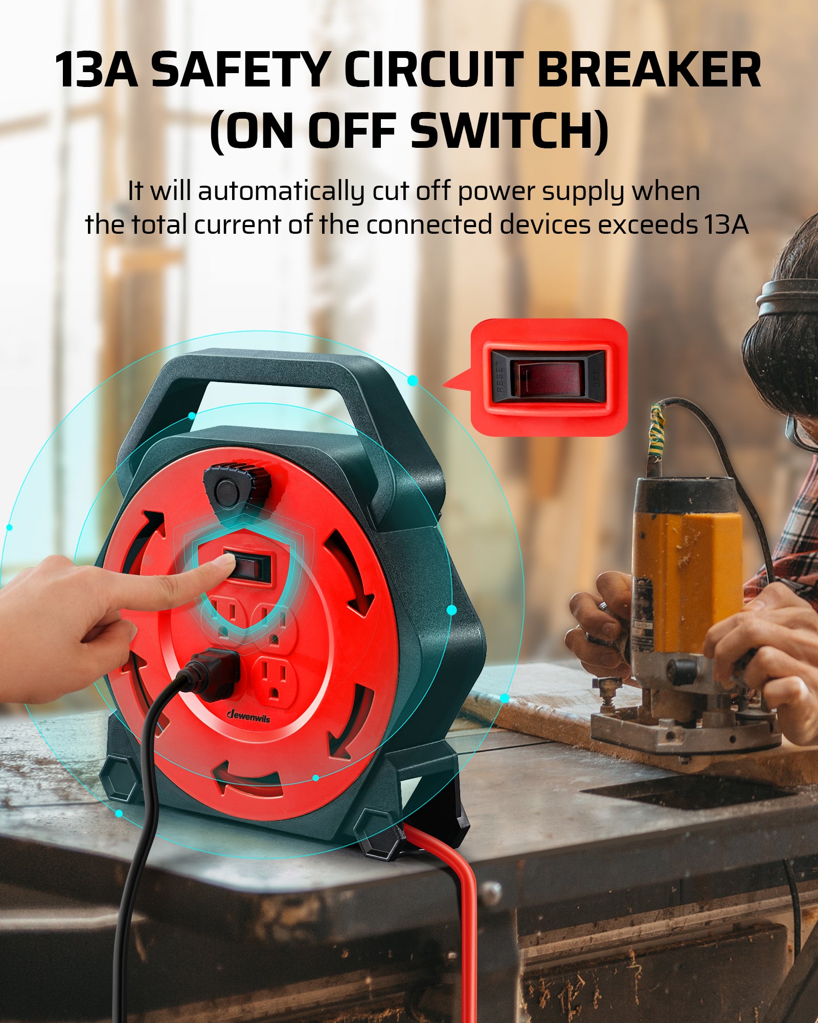 25ft Extension Cord Reel: Built-in 13A safety circuit breaker with an ON/OFF switch. Automatically cuts power if current exceeds 13A to prevent overloading.
