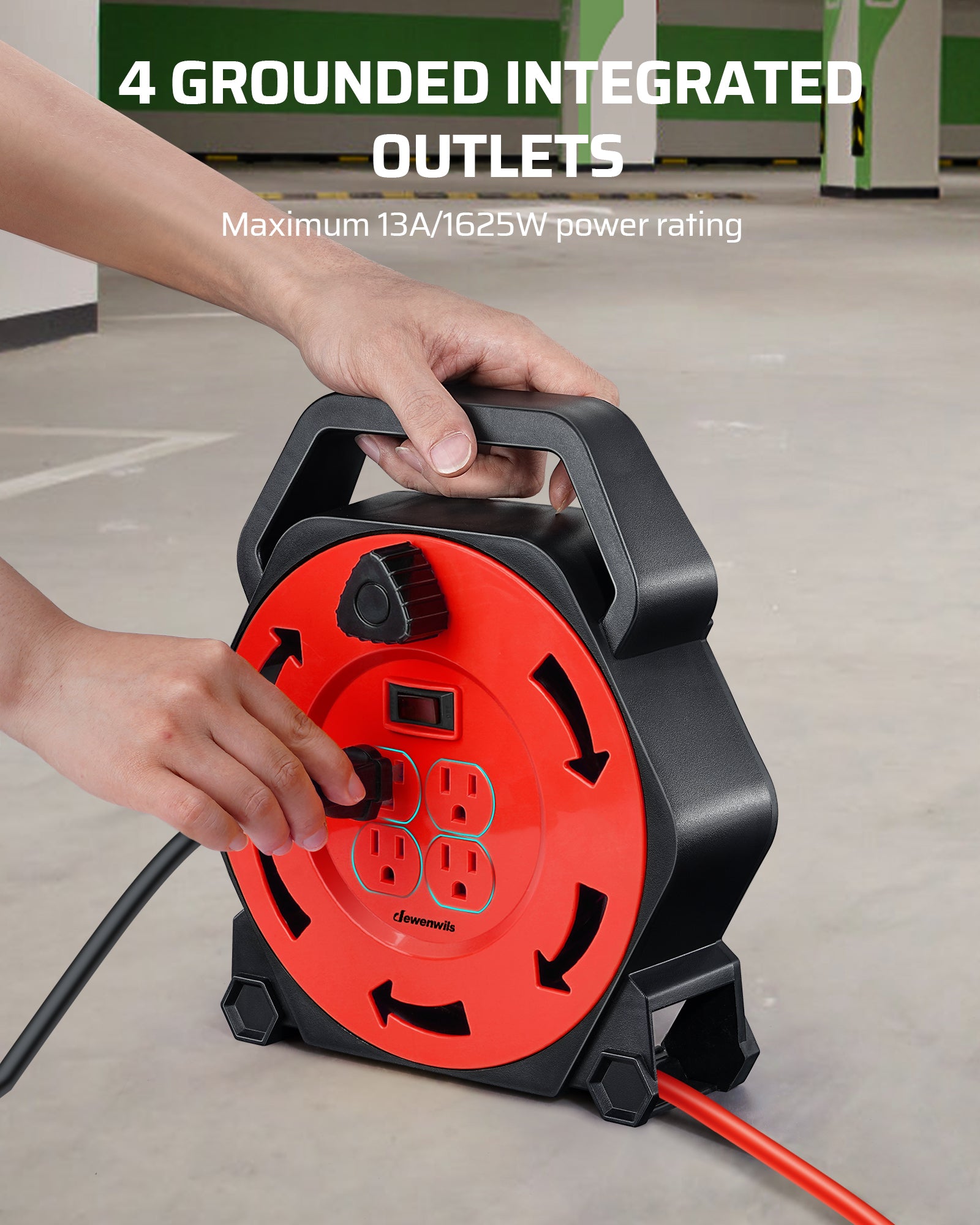 25ft Extension Cord Reel: Equipped with 4 integrated grounded outlets. Supports a maximum 13A/1625W power rating to safely run multiple devices simultaneously.