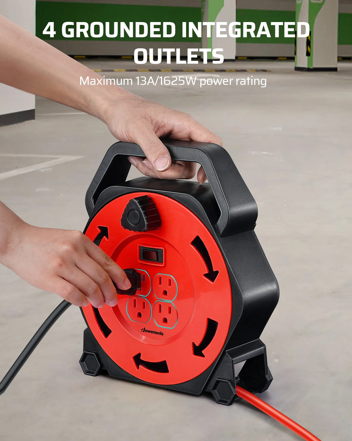 DEWENWILS Extension Cord Reel with 25 FT Power Cord, Hand Wind Retractable, 16/3 AWG SJTW, 4 Grounded Outlets, 13 Amp Circuit Breaker, Blue-HCRB25D