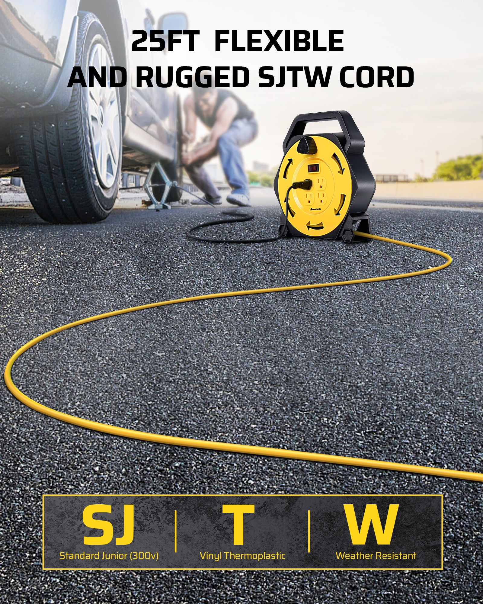 25ft Extension Cord Reel: Featuring a flexible and rugged SJTW cord for maximum durability. Designed for long-lasting performance in both indoor and outdoor use.
