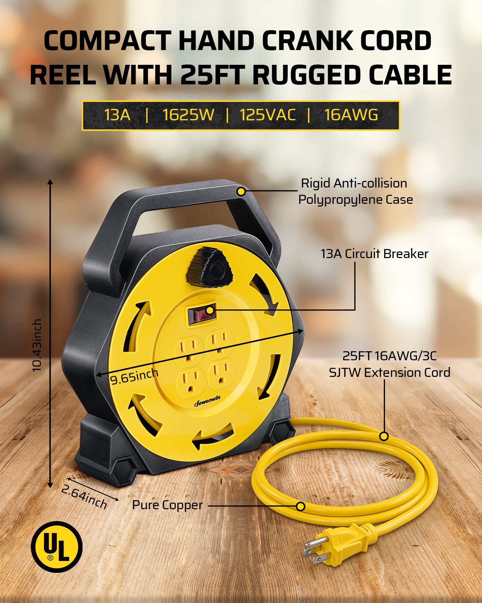 25ft Extension Cord Reel: Compact hand-crank reel with 25ft rugged 16AWG cable. Supports 13A/1625W/125VAC for reliable and heavy-duty power performance.