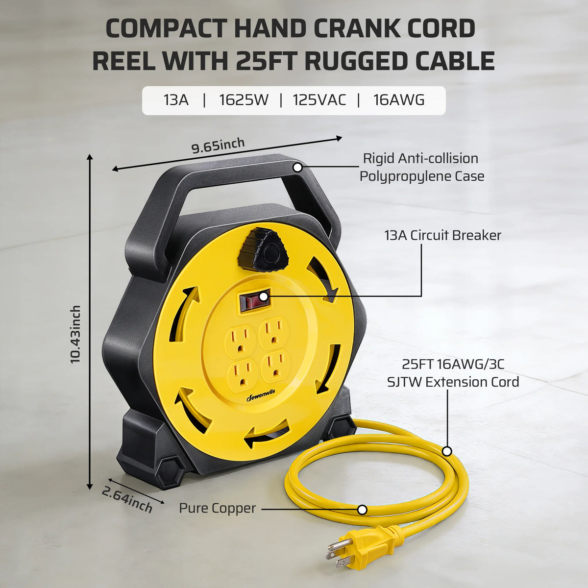 DEWENWILS Extension Cord Reel with 25 FT Power Cord, Hand Wind Retractable, 16/3 AWG SJTW, 4 Grounded Outlets, 13 Amp Circuit Breaker, Blue-HCRB25D