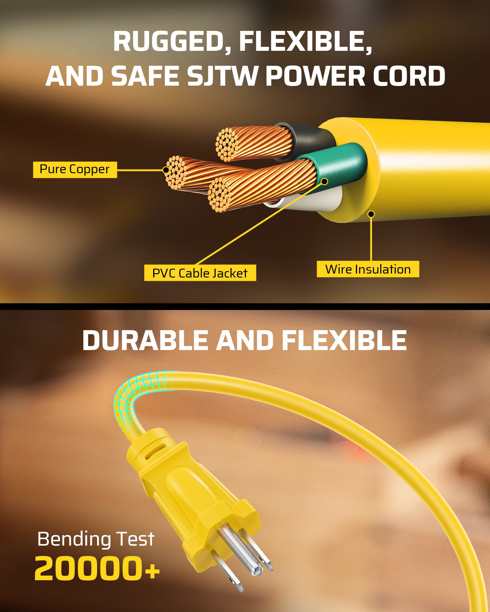 25ft Extension Cord Reel: Pure copper 16AWG SJTW cord with a durable PVC jacket. Rated for 20,000+ bends, ensuring a rugged, flexible, and safe power solution.