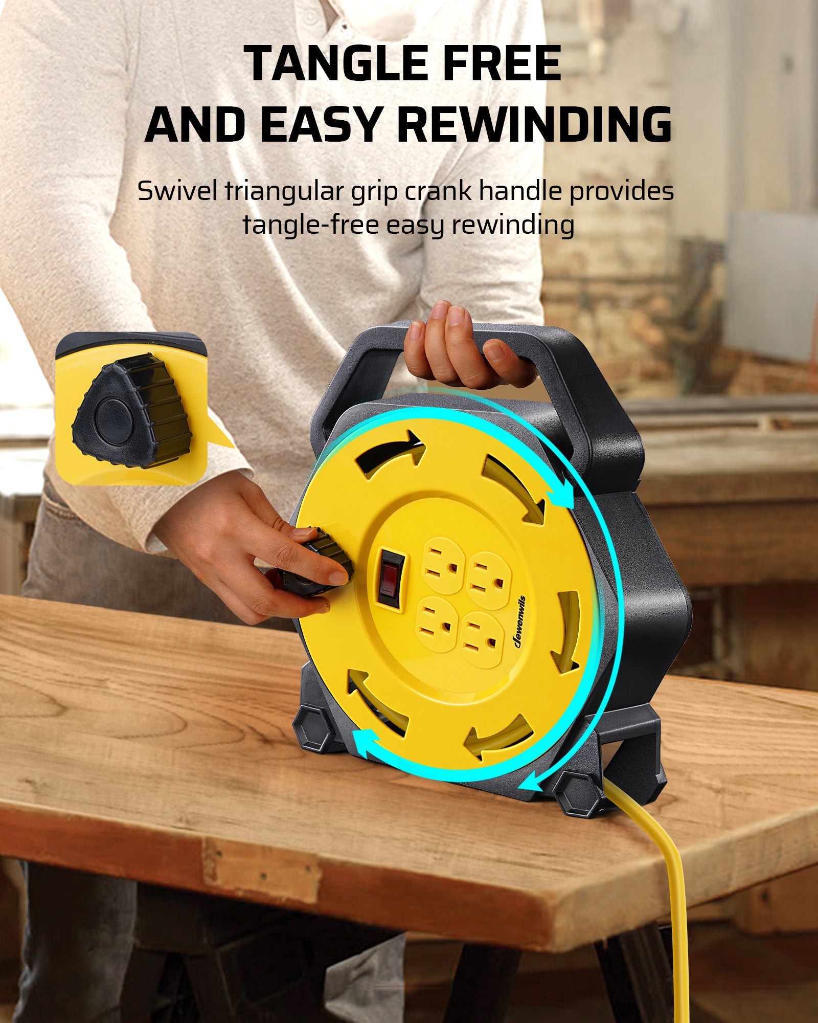 25ft Extension Cord Reel: Features a swivel triangular grip crank handle for tangle-free, easy rewinding and smooth cable management.