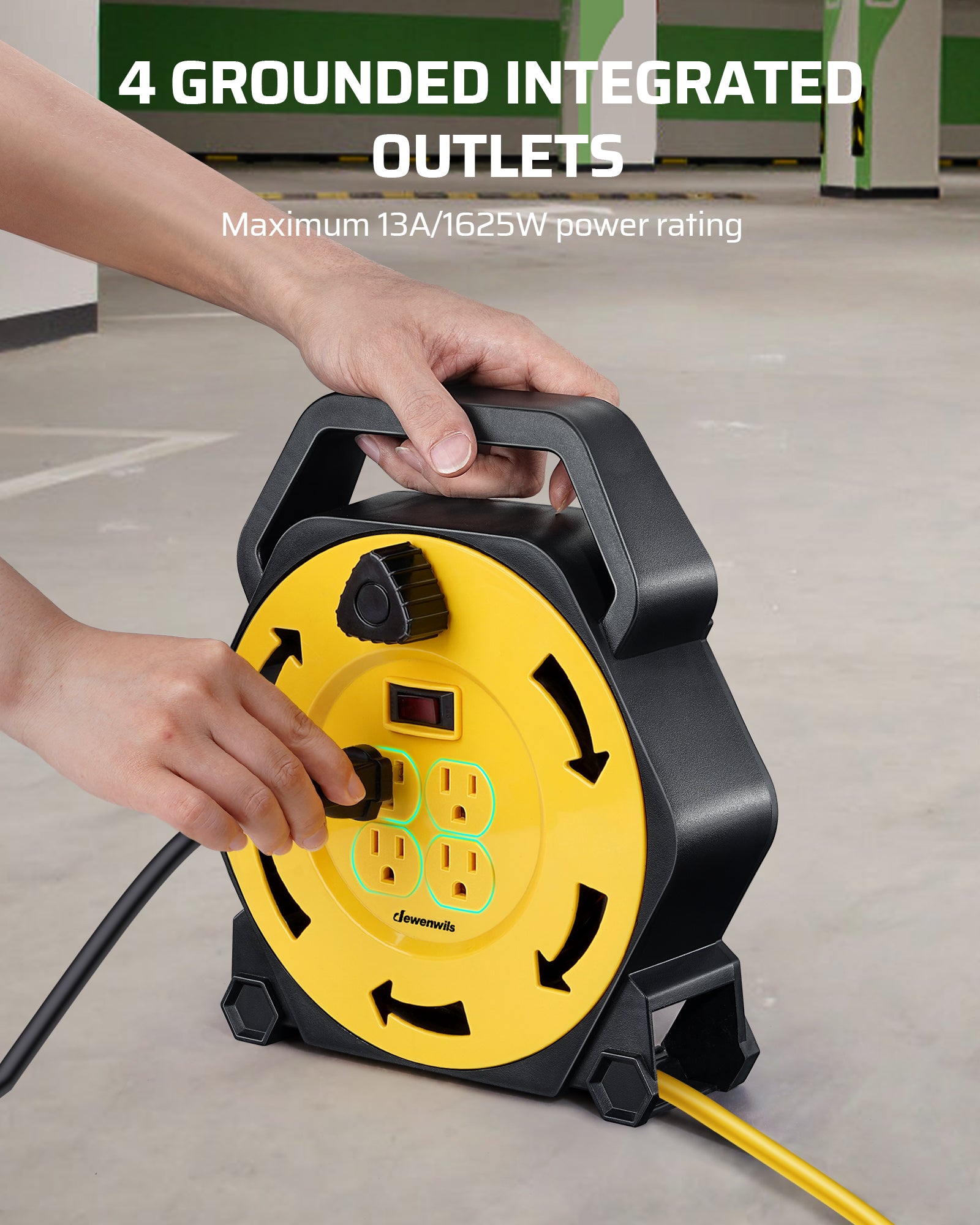 25ft Extension Cord Reel: Equipped with 4 integrated grounded outlets. Features a maximum 13A/1625W power rating for safe and versatile multi-device use.