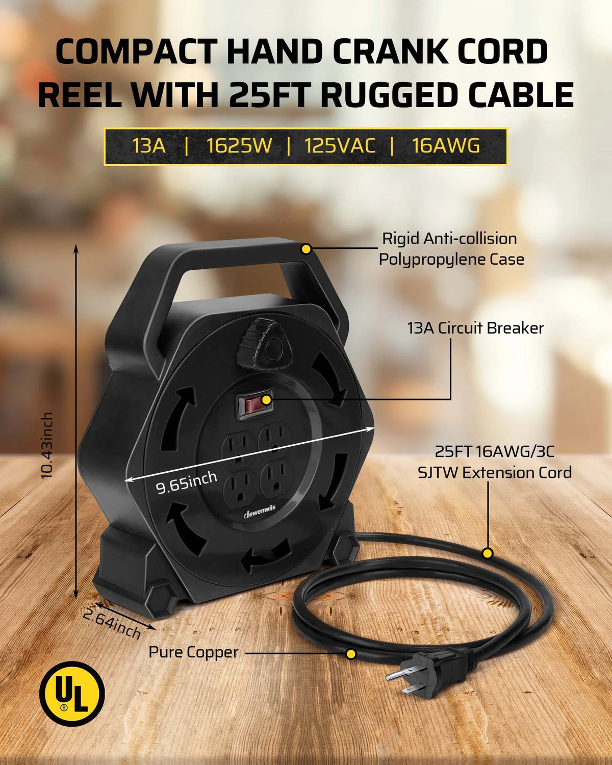 DEWENWILS Extension Cord Reel with 25 FT Power Cord, Hand Wind Retractable, 16/3 AWG SJTW, 4 Grounded Outlets, 13 Amp Circuit Breaker, Blue-HCRB25D