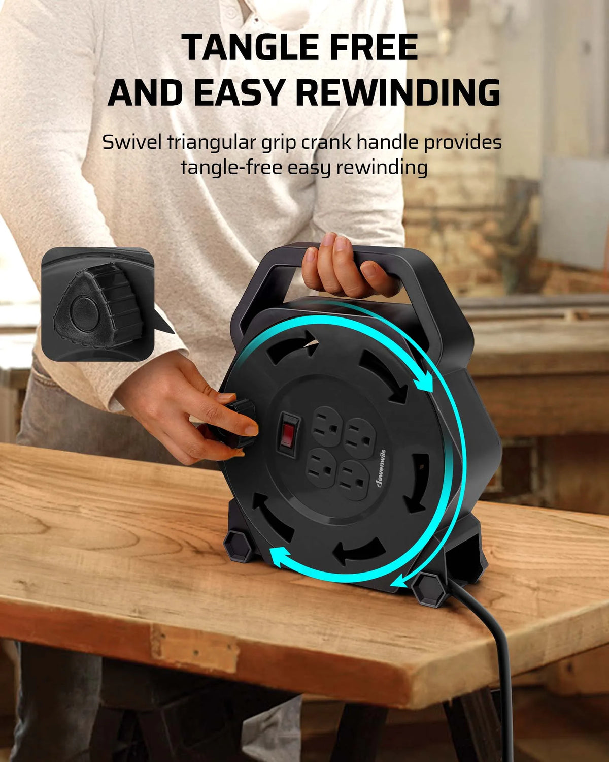 DEWENWILS Extension Cord Reel with 25 FT Power Cord, Hand Wind Retractable, 16/3 AWG SJTW, 4 Grounded Outlets, 13 Amp Circuit Breaker, Blue-HCRB25D