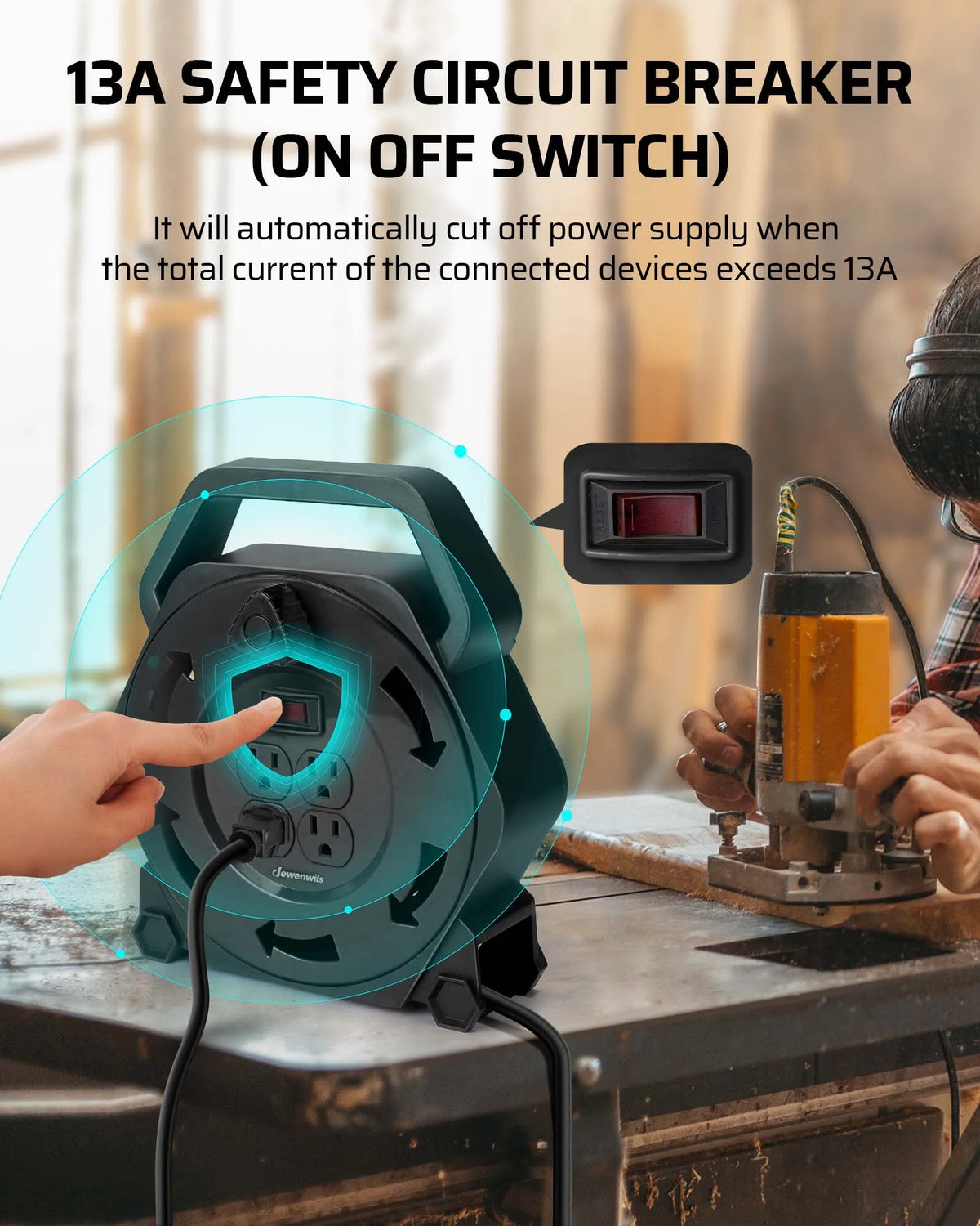 DEWENWILS Extension Cord Reel with 25 FT Power Cord, Hand Wind Retractable, 16/3 AWG SJTW, 4 Grounded Outlets, 13 Amp Circuit Breaker, Blue-HCRB25D