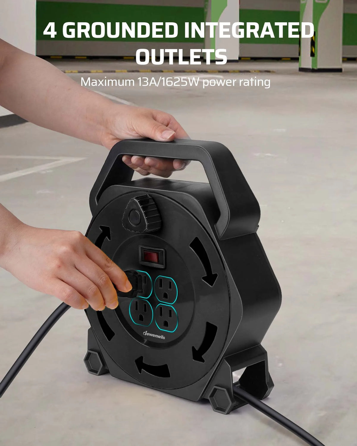 DEWENWILS Extension Cord Reel with 25 FT Power Cord, Hand Wind Retractable, 16/3 AWG SJTW, 4 Grounded Outlets, 13 Amp Circuit Breaker, Blue-HCRB25D