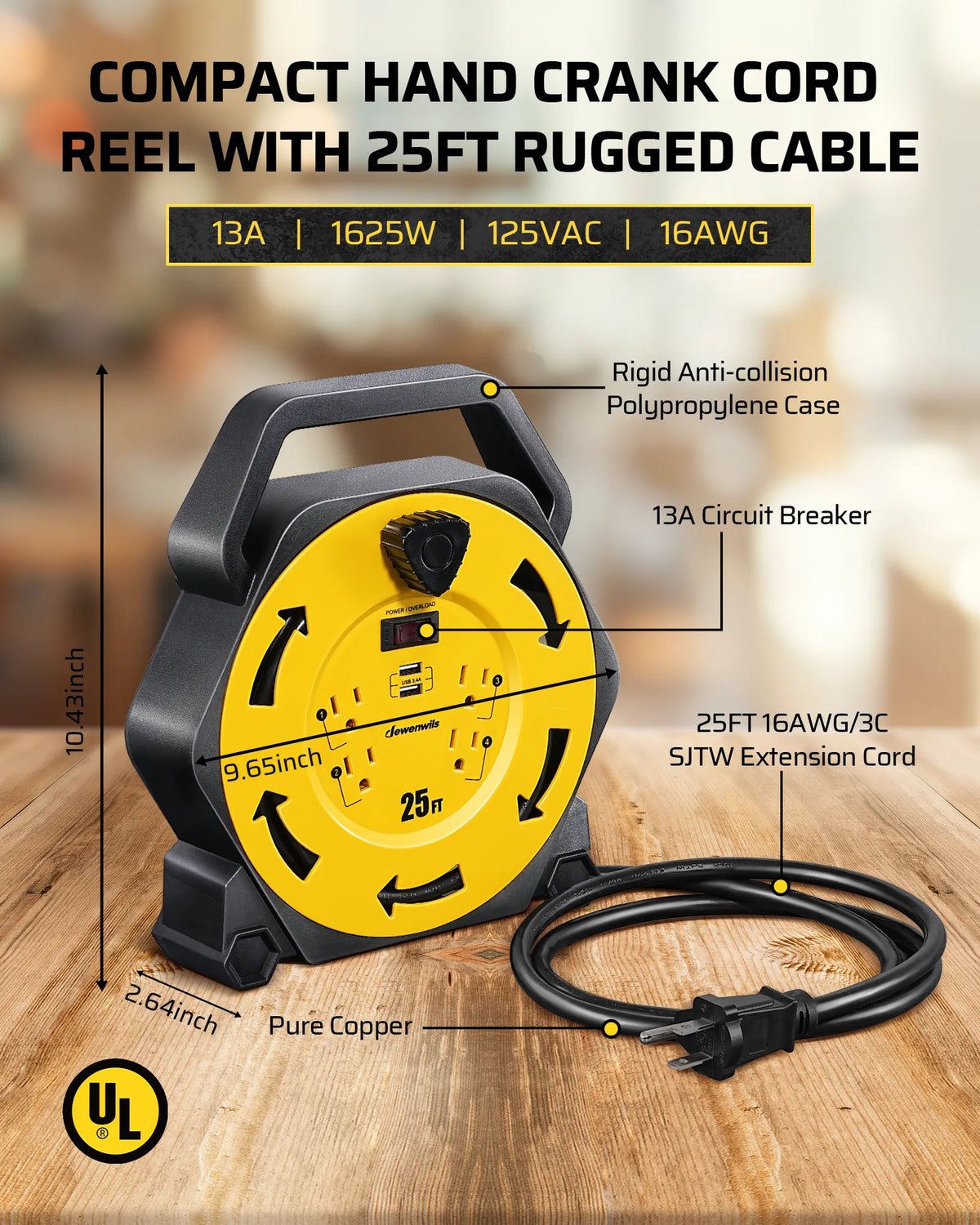 DEWENWILS Extension Cord Reel with 25 FT Power Cord, Hand Wind Retractable, 16/3 AWG SJTW, 4 Grounded Outlets, 13 Amp Circuit Breaker, Blue-HCRB25D