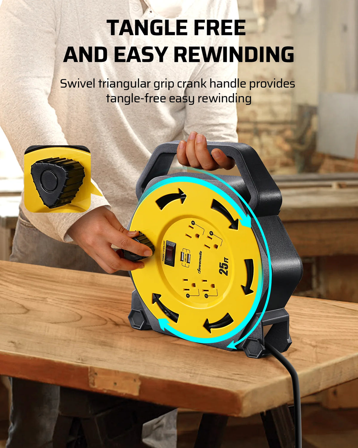 DEWENWILS Extension Cord Reel with 25 FT Power Cord, Hand Wind Retractable, 16/3 AWG SJTW, 4 Grounded Outlets, 13 Amp Circuit Breaker, Blue-HCRB25D