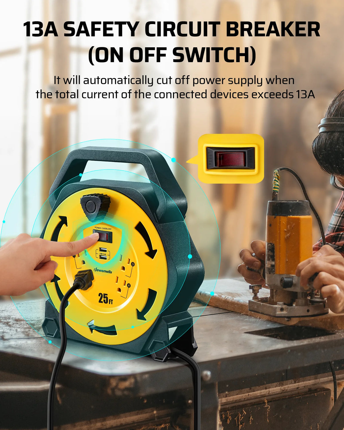 DEWENWILS Extension Cord Reel with 25 FT Power Cord, Hand Wind Retractable, 16/3 AWG SJTW, 4 Grounded Outlets, 13 Amp Circuit Breaker, Blue-HCRB25D