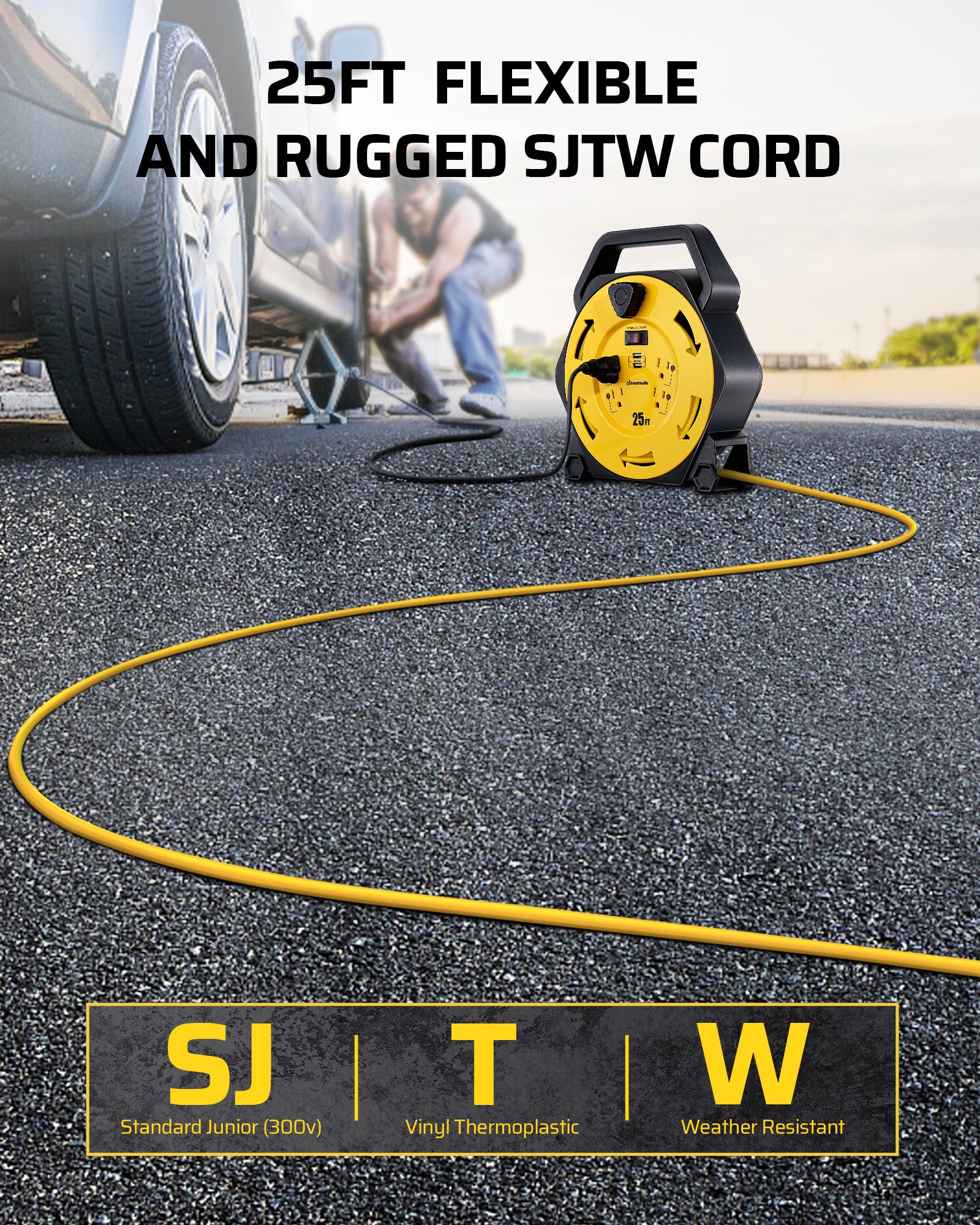 25ft Extension Cord Reel: Heavy-duty 16/3 SJTW cable features a weather-resistant vinyl thermoplastic jacket, ensuring durability in various outdoor conditions.