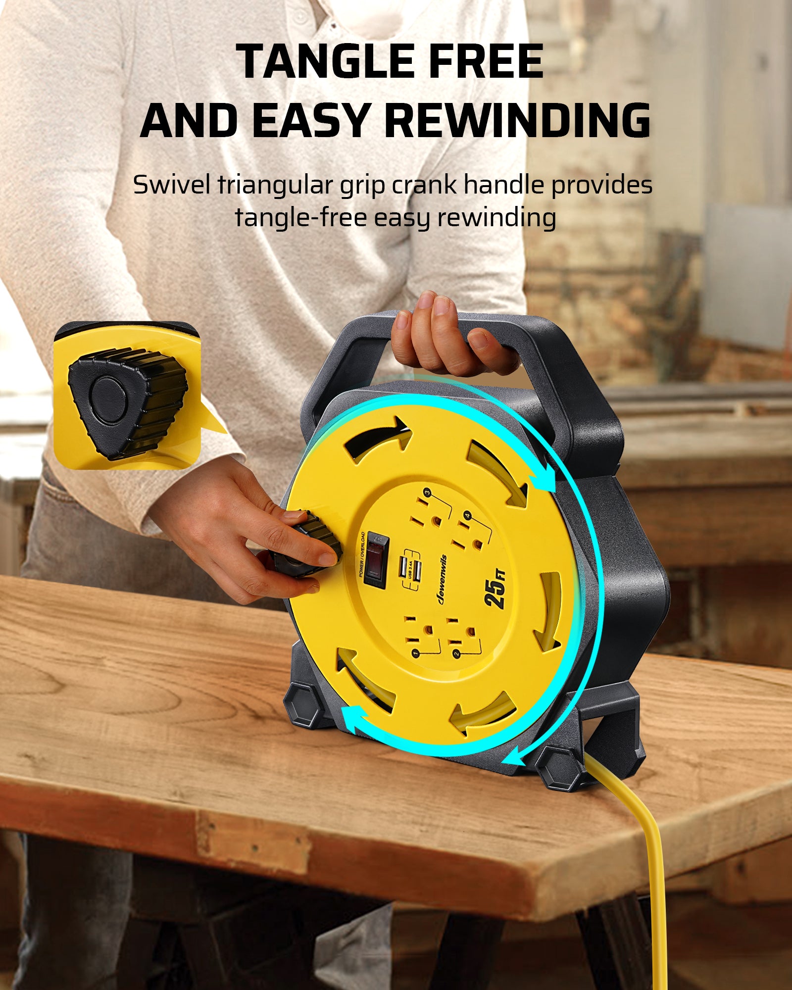 DEWENWILS Extension Cord Reel: Features a swivel triangular grip crank handle for tangle-free, easy rewinding and smooth, organized cable management.