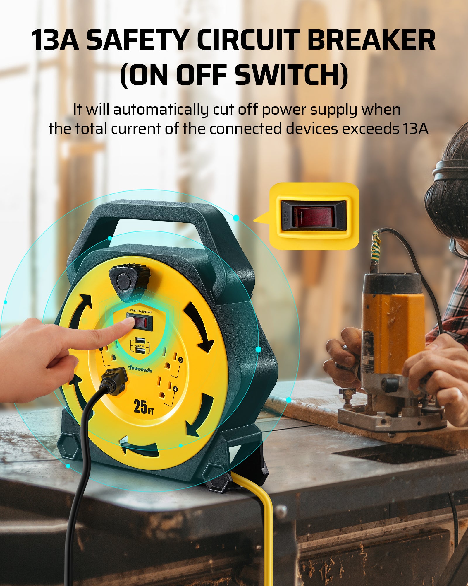 25ft Extension Cord Reel: Built-in 13A safety circuit breaker and ON/OFF switch. Automatically cuts power if current exceeds 13A to prevent overheating.