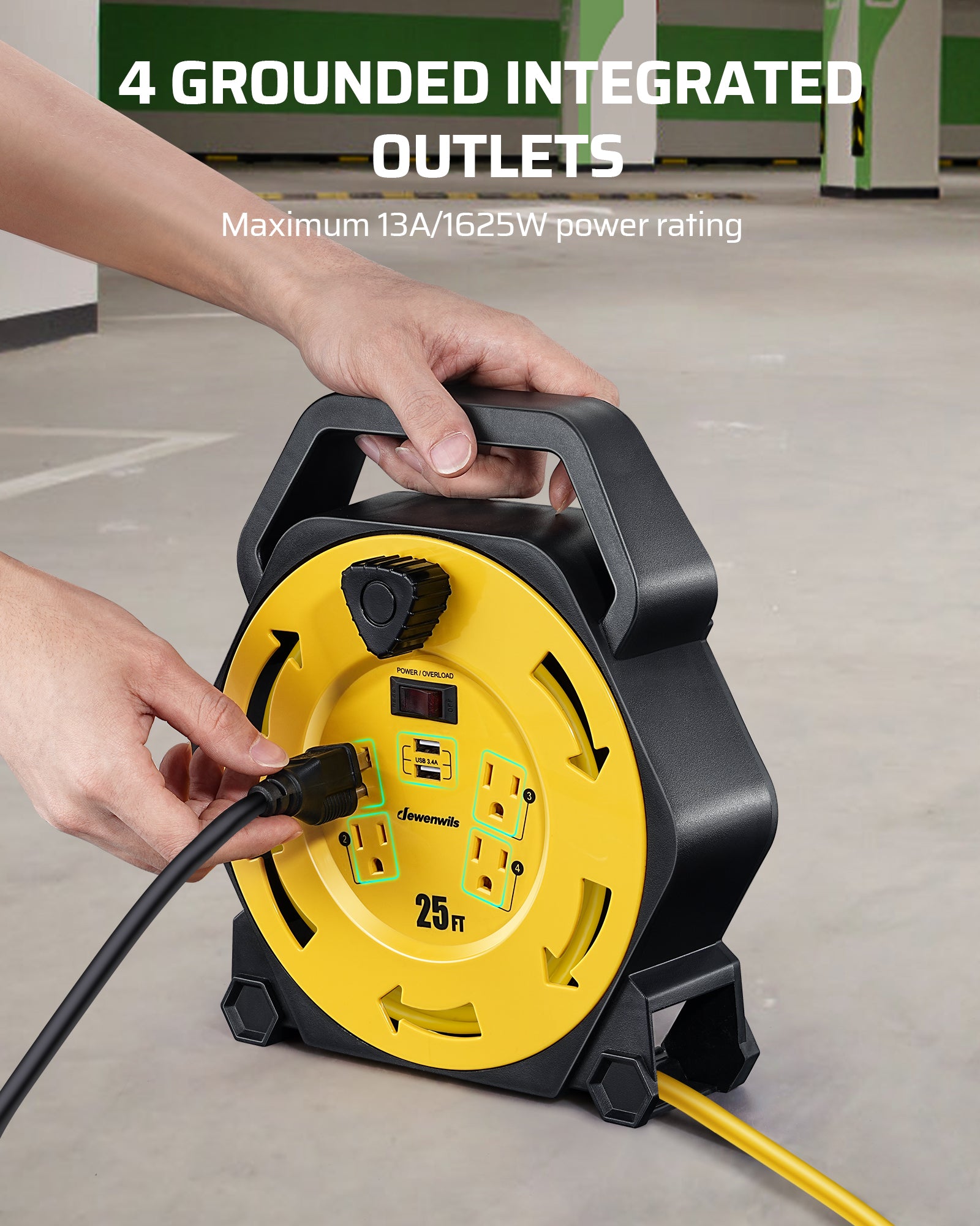 25ft Extension Cord Reel: Equipped with 4 integrated grounded outlets. Supports a maximum 13A/1625W power rating to safely run multiple devices simultaneously.
