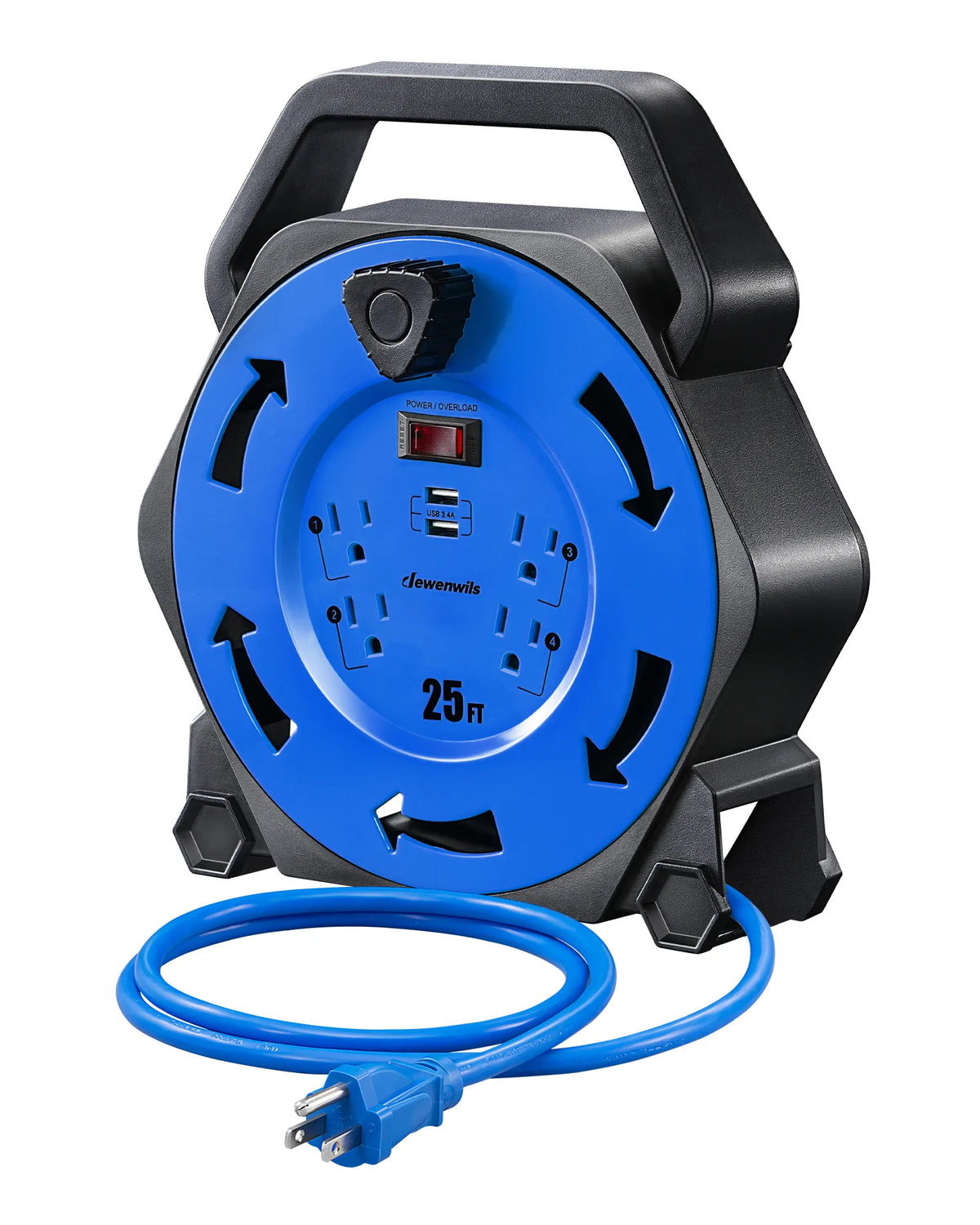 DEWENWILS Extension Cord Reel with 25 FT Power Cord, Hand Wind Retractable, 16/3 AWG SJTW, 4 Grounded Outlets, 13 Amp Circuit Breaker, Blue-HCRB25D