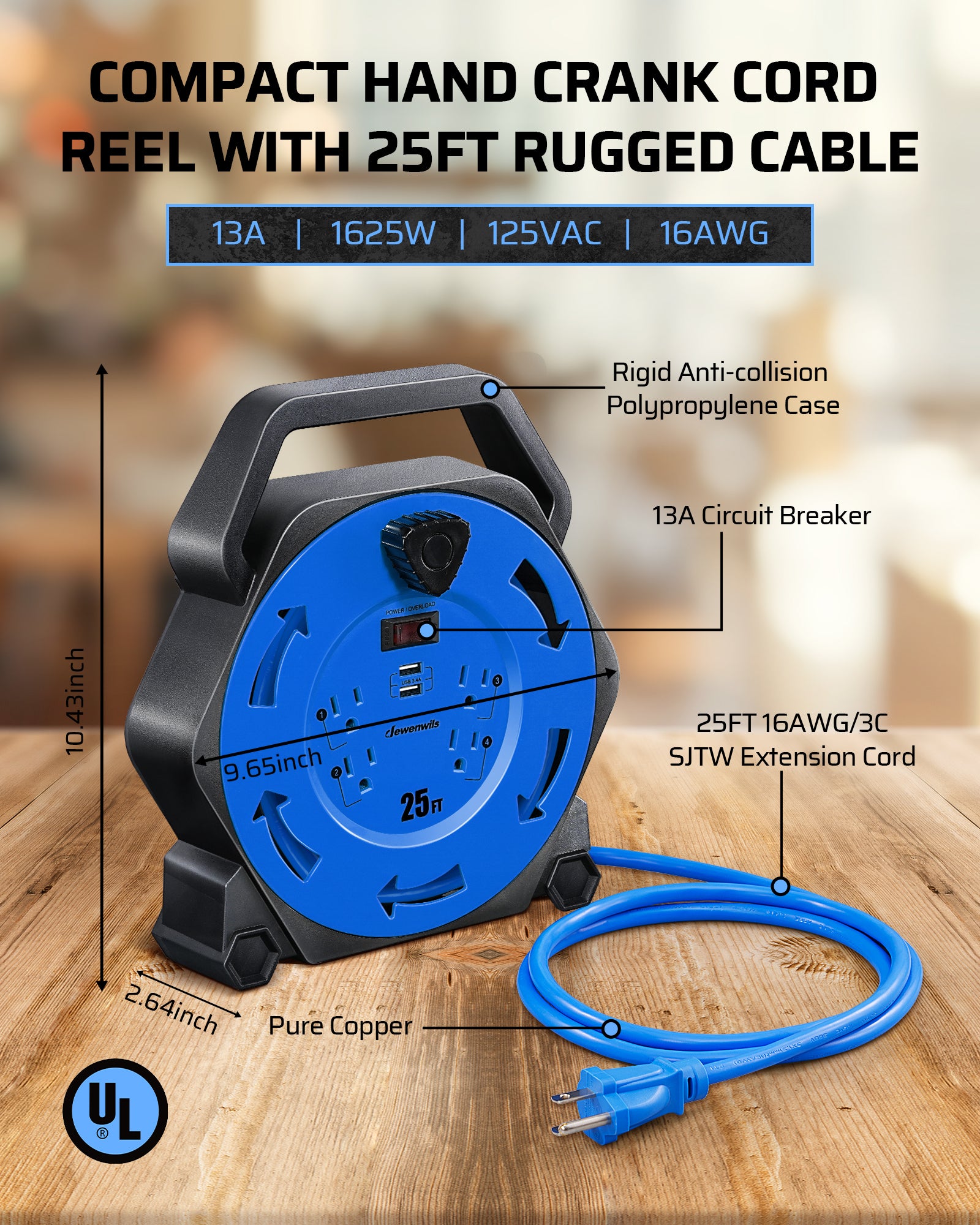 25ft Extension Cord Reel: Compact hand crank design with a 16AWG rugged cable. Rated for 13A/1625W/125VAC to provide reliable power for heavy-duty tasks.