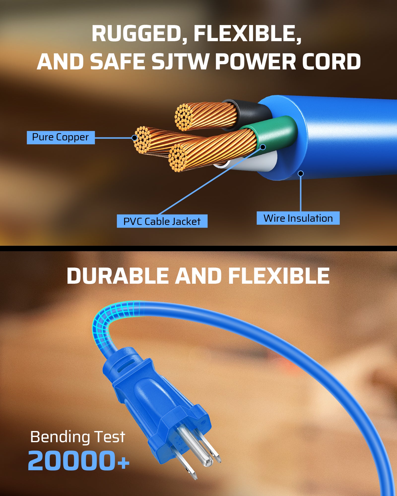 25ft Extension Cord Reel: Pure copper 16/3 SJTW cable with a PVC jacket and wire insulation. Durable and flexible design, tested to withstand 20,000+ bends.