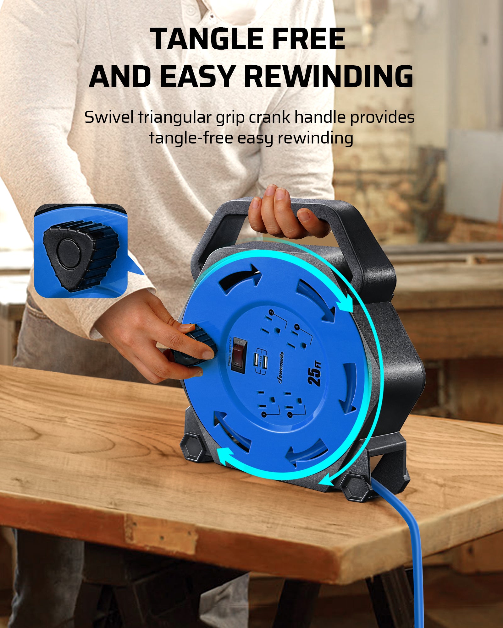 25ft Extension Cord Reel: Features a swivel triangular grip crank handle for tangle-free, easy rewinding and smooth, organized cable management.