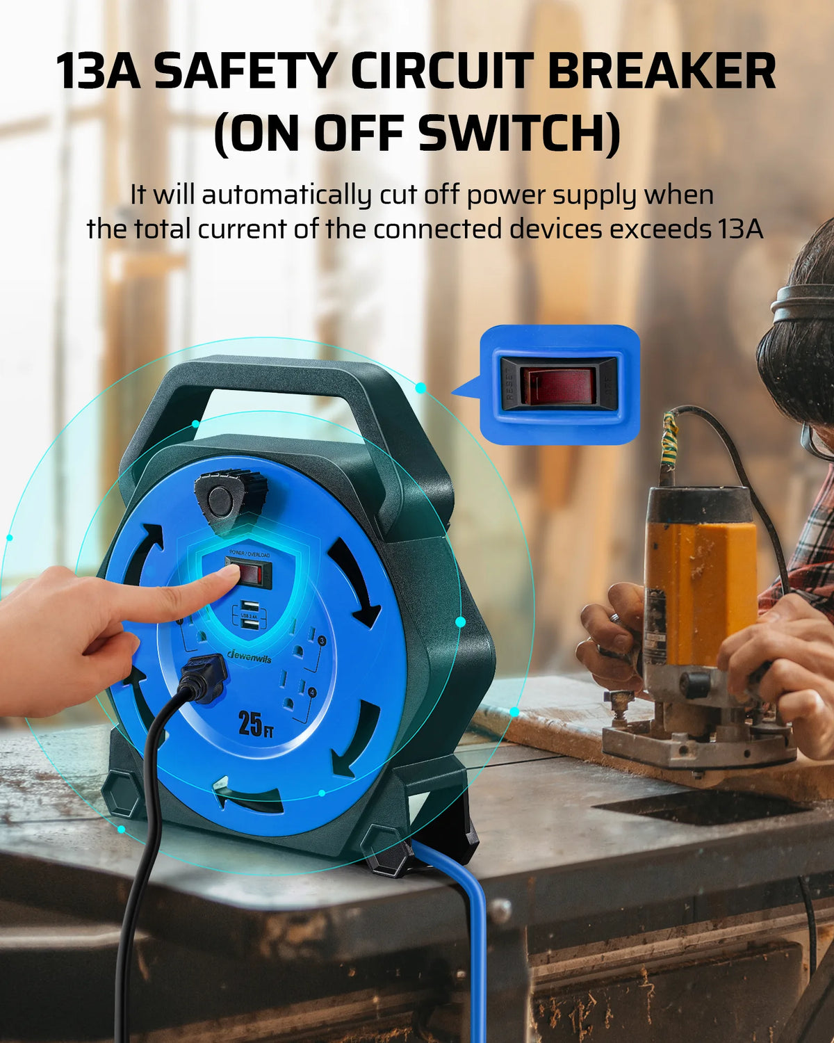 DEWENWILS Extension Cord Reel with 25 FT Power Cord, Hand Wind Retractable, 16/3 AWG SJTW, 4 Grounded Outlets, 13 Amp Circuit Breaker, Blue-HCRB25D