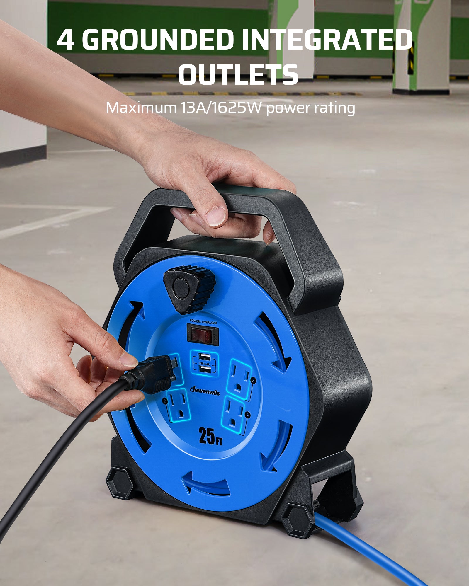 25ft Extension Cord Reel: Equipped with 4 integrated grounded outlets. Supports a maximum 13A/1625W power rating to safely run multiple devices simultaneously.