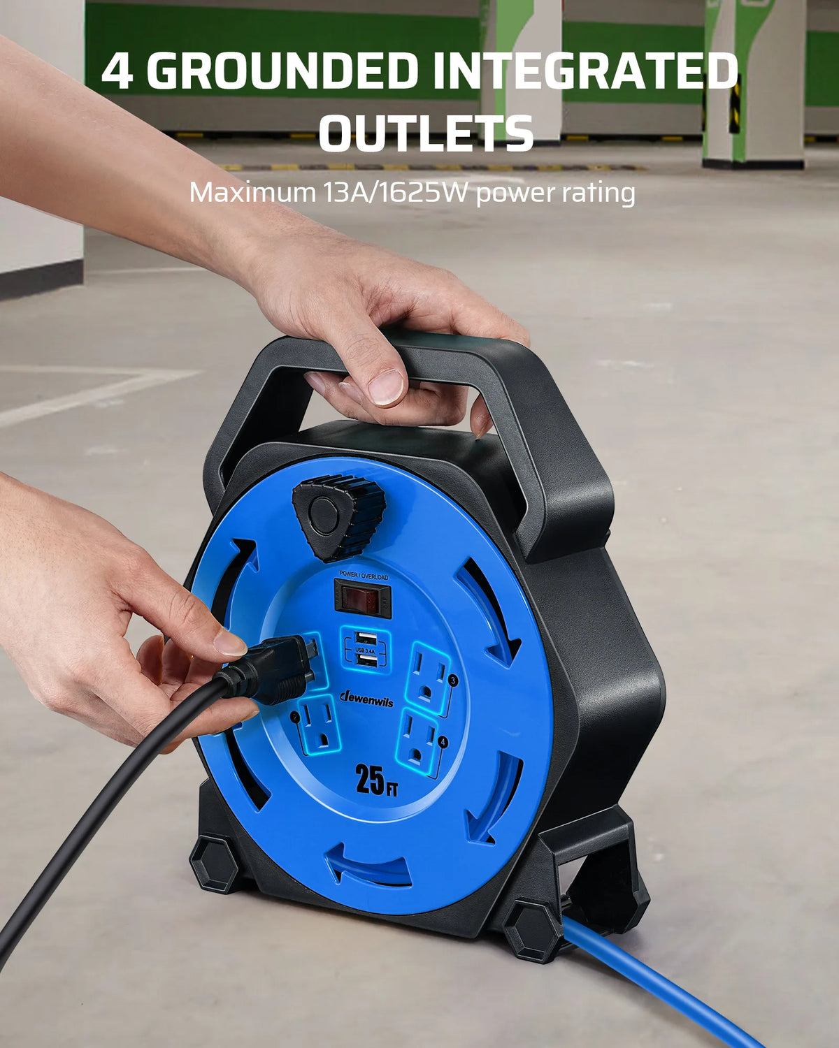 DEWENWILS Extension Cord Reel with 25 FT Power Cord, Hand Wind Retractable, 16/3 AWG SJTW, 4 Grounded Outlets, 13 Amp Circuit Breaker, Blue-HCRB25D