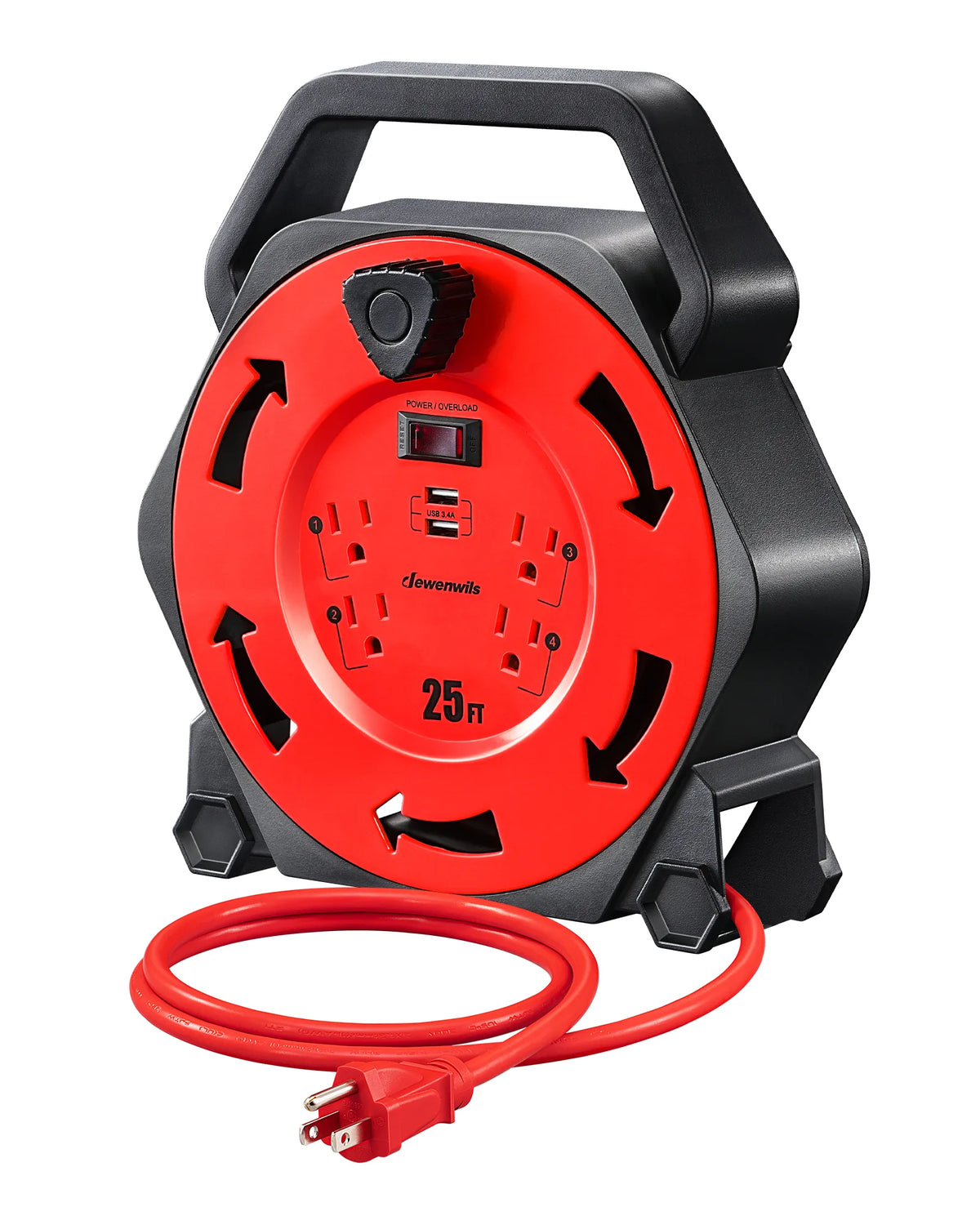 DEWENWILS Extension Cord Reel with 25 FT Power Cord, Hand Wind Retractable, 16/3 AWG SJTW, 4 Grounded Outlets, 13 Amp Circuit Breaker, Blue-HCRB25D