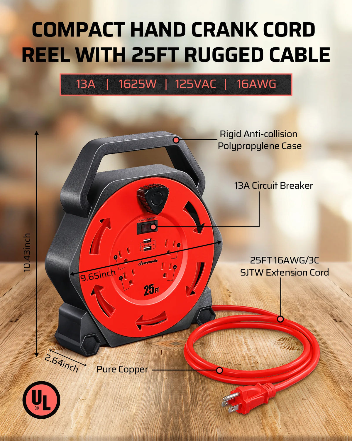 DEWENWILS Extension Cord Reel with 25 FT Power Cord, Hand Wind Retractable, 16/3 AWG SJTW, 4 Grounded Outlets, 13 Amp Circuit Breaker, Blue-HCRB25D