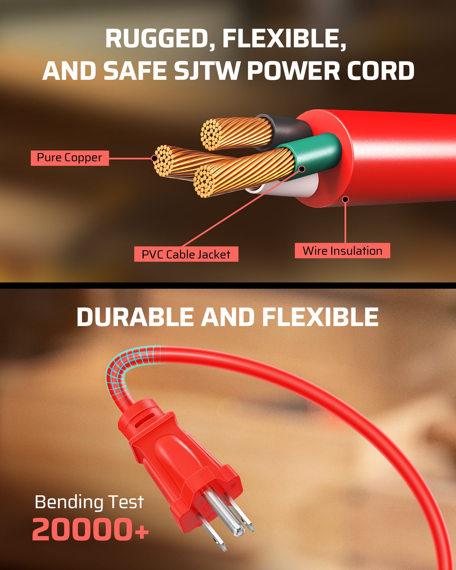25ft Extension Cord Reel: Pure copper 16/3 SJTW cable with a PVC jacket and wire insulation. Durable and flexible design, tested to withstand 20,000+ bends.
